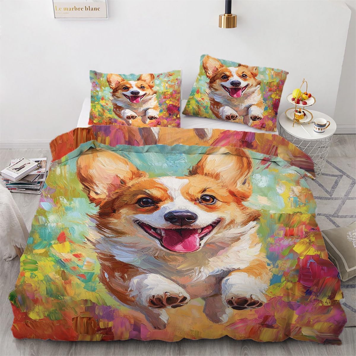 NDXRWDZR Single Bedding Set Corgi Duvet Cover for Kids Soft Hypoallergenic Microfiber Duvet Cover with Zipper Closure, 1 Duvet Cover 135x200 cm + 2 Pillowcases 50x75 cm
