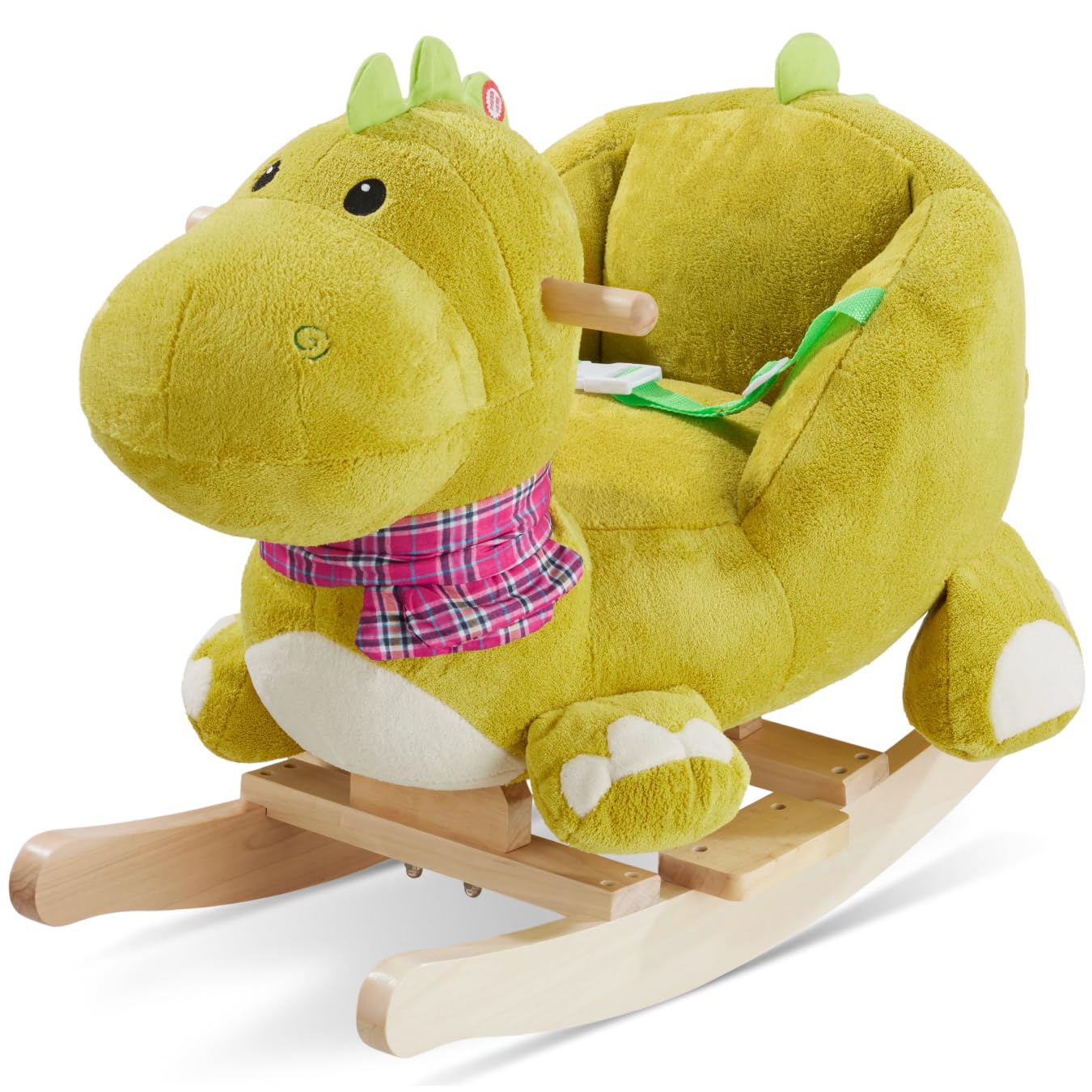 tectake® Schaukeltier mit Sicherheitsgurt und Soundeffekt, Schaukelpferd Baby ab 12 Monate, Baby Schaukel Indoor mit weichem Plüschbezug und Rückenlehne, breite Griffe - Dinosaurier
