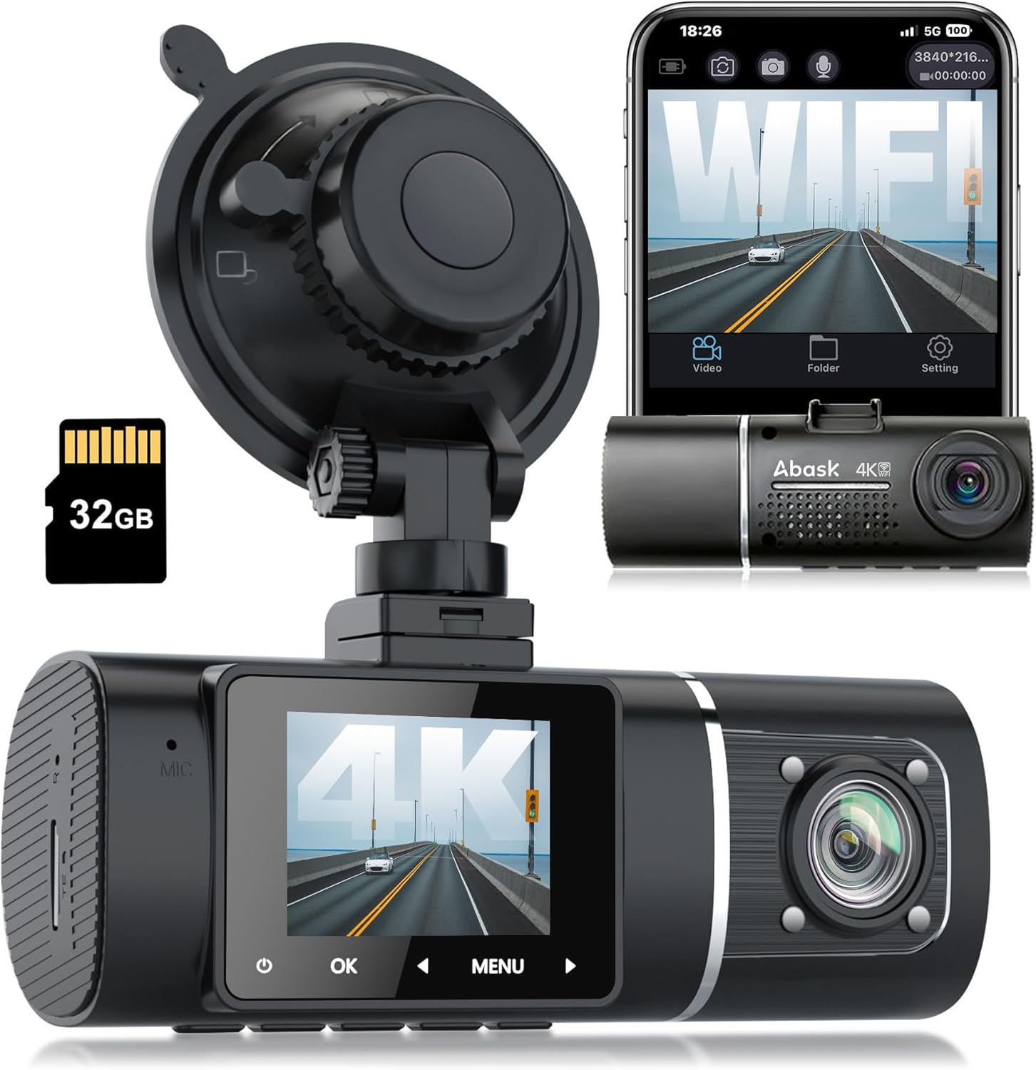 Abask Dash Cam J05Pro with suction cup mount and 32GB SD card, showing the front camera view and a smartphone screen displaying the dash cam's live feed.