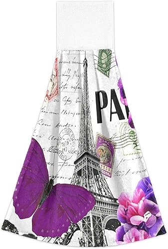 Miniatura 2 de STAYTOP Juego de 2 toallas de mano de mariposa morada y torre Eiffel, suaves y de rápida absorción, toallas colgantes o calcomanías mágicas con