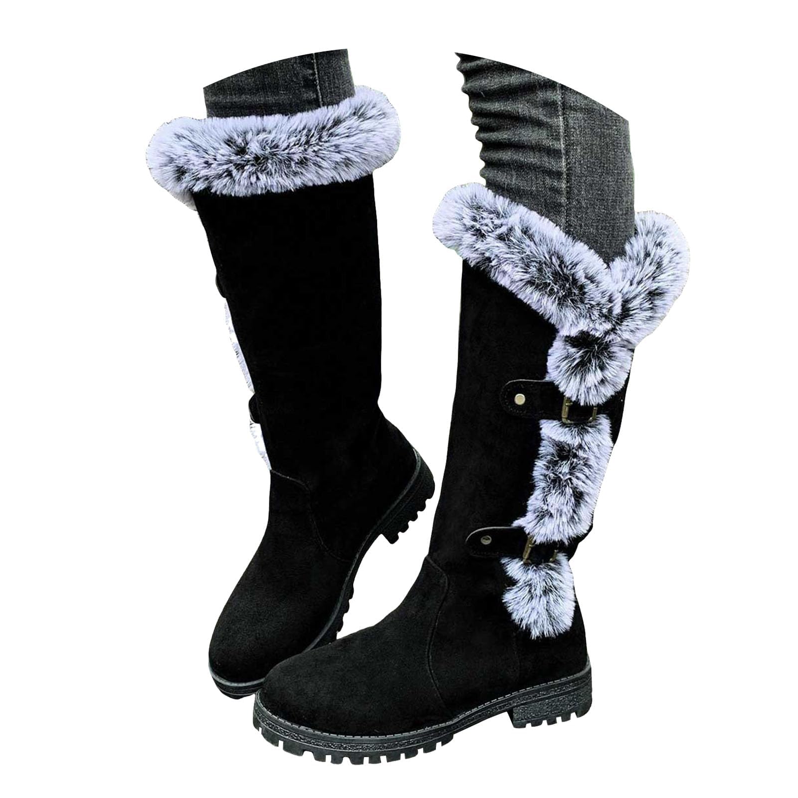 Womens Mid Calf Snow Boots with Plush Cuff Round Toe Slip on Buckle Strap Booties Non Slip Lug