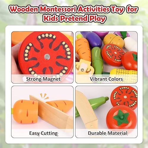 Miniatura 5 de Juguetes vegetales de madera para niños, juego de comida de juego de simulación para niños, juguete de cocina de corte magnético con canasta de
