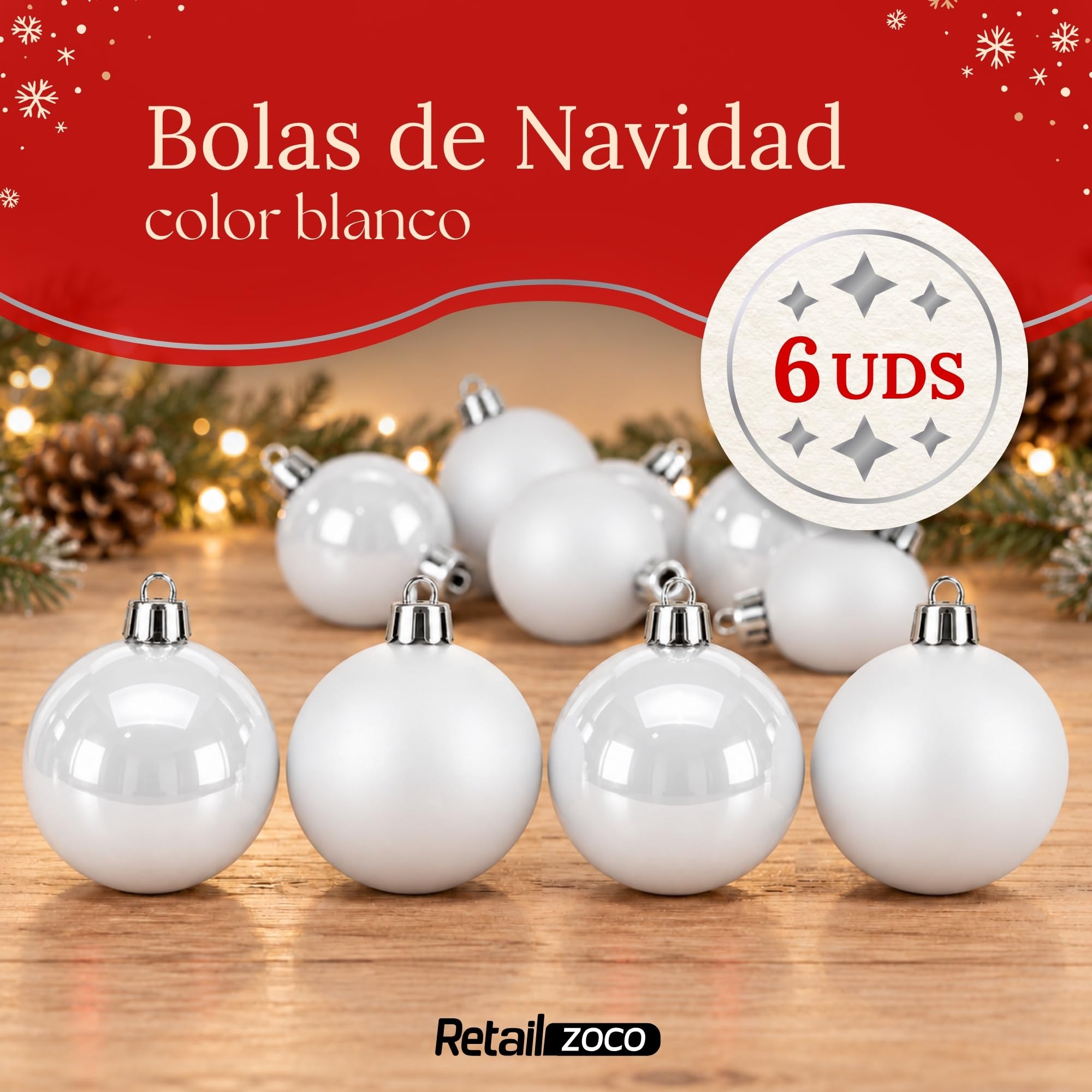 Bolas de Navidad, Adornos Arbol Navidad (Blanco, 6 Piezas) - imagen 2