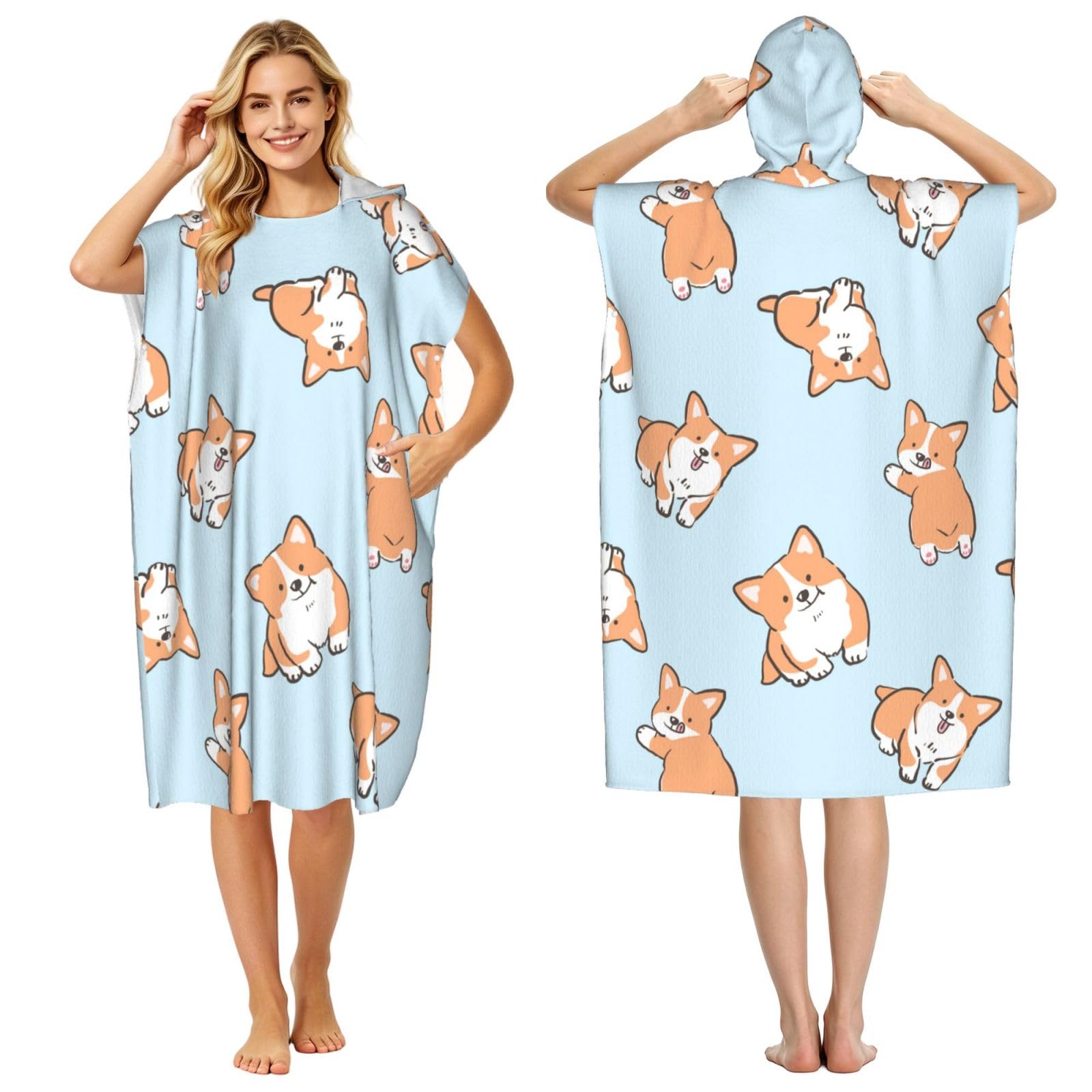 Poadnly Corgi Pattern, Adult Hooded Beach Towel 90 x 110 cm,Changing Bath Robe, Surf Poncho Towel For Women Men