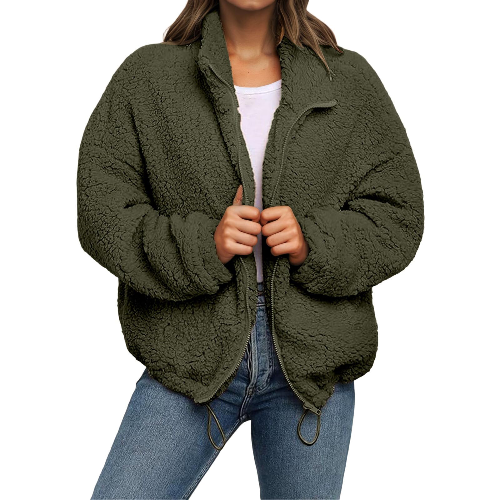Generisch Strickjacke Damen Lang Kuscheliger Fleece-Pullover mit Kapuze, weich, locker geschnitten, langärmlig, Vordertaschen – perfekt für Herbst und Winter.