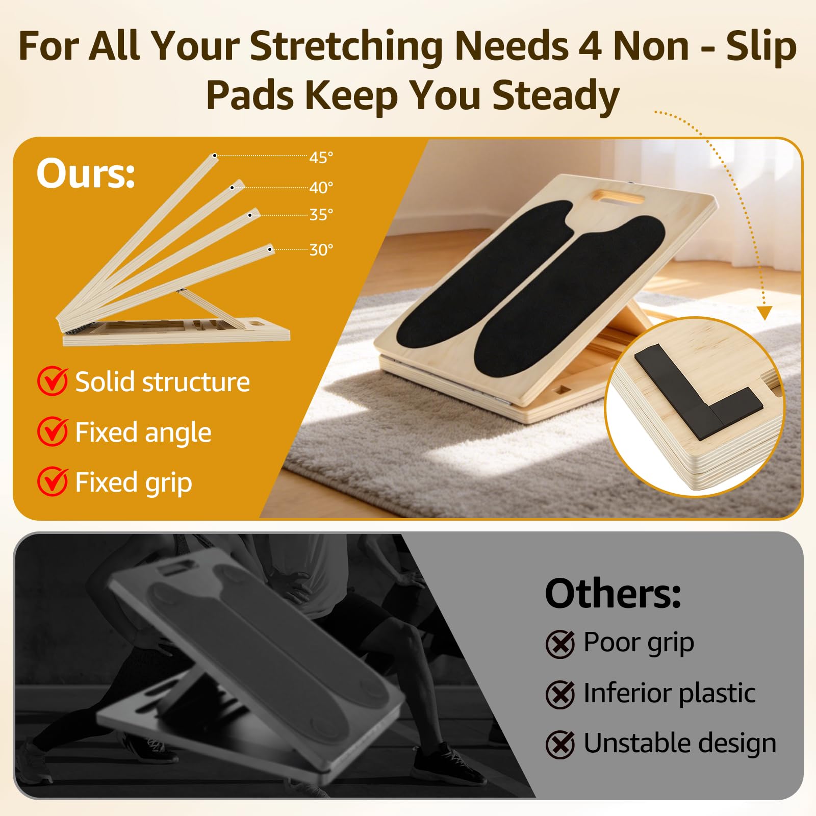 Balance Board 3-in-1 in Legno Portatile, Angoli Regolabili, Maniglia