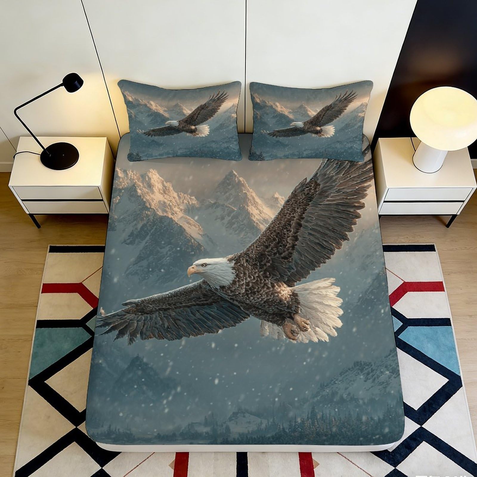 3D Printed Majestic Eagle Fitted Sheet Microfiber Soft Breathable Mountain Bed Cover for Bedroom Decor Protection 90x200x25cm