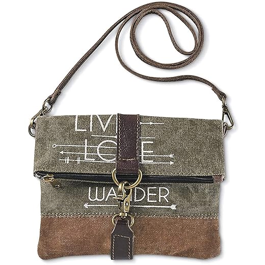 PGI Traders Live Love Wander Upcycled Canvas Crossbody Bag | Earth Friendly Materials | Shoulder Purse | Small Clutch | Fold-Over Zip Top | 22” Detachable Strap