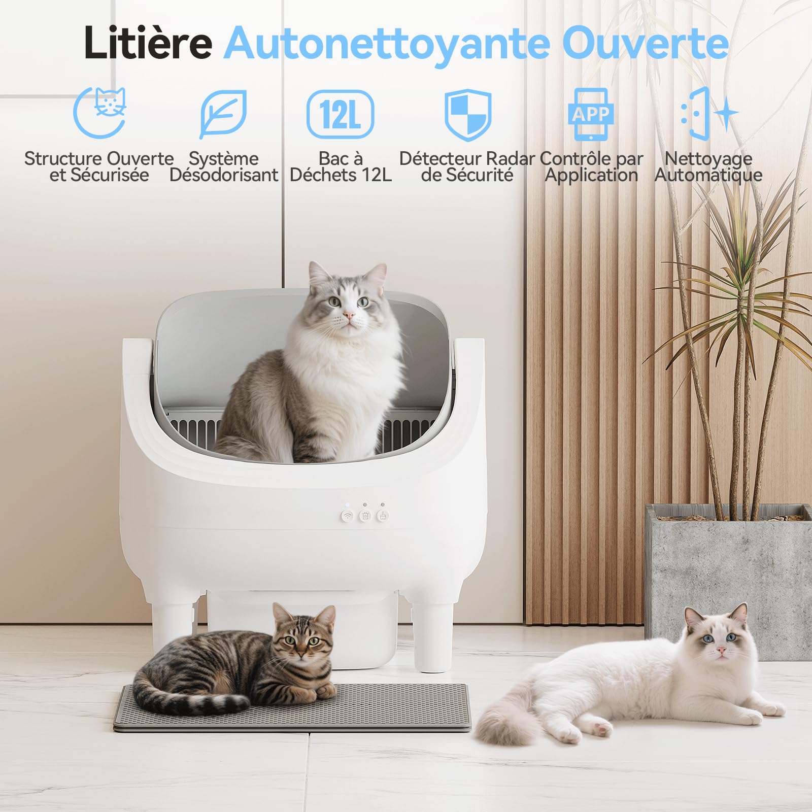 Lettiera Gatto Autopulente aperta, controllabile via APP. Formato XXL, dotata di serbatoio rifiuti da 12L per un ciclo di autopulizia di 15 giorni, Lettiera Autopulente per Gatti per più gatti.