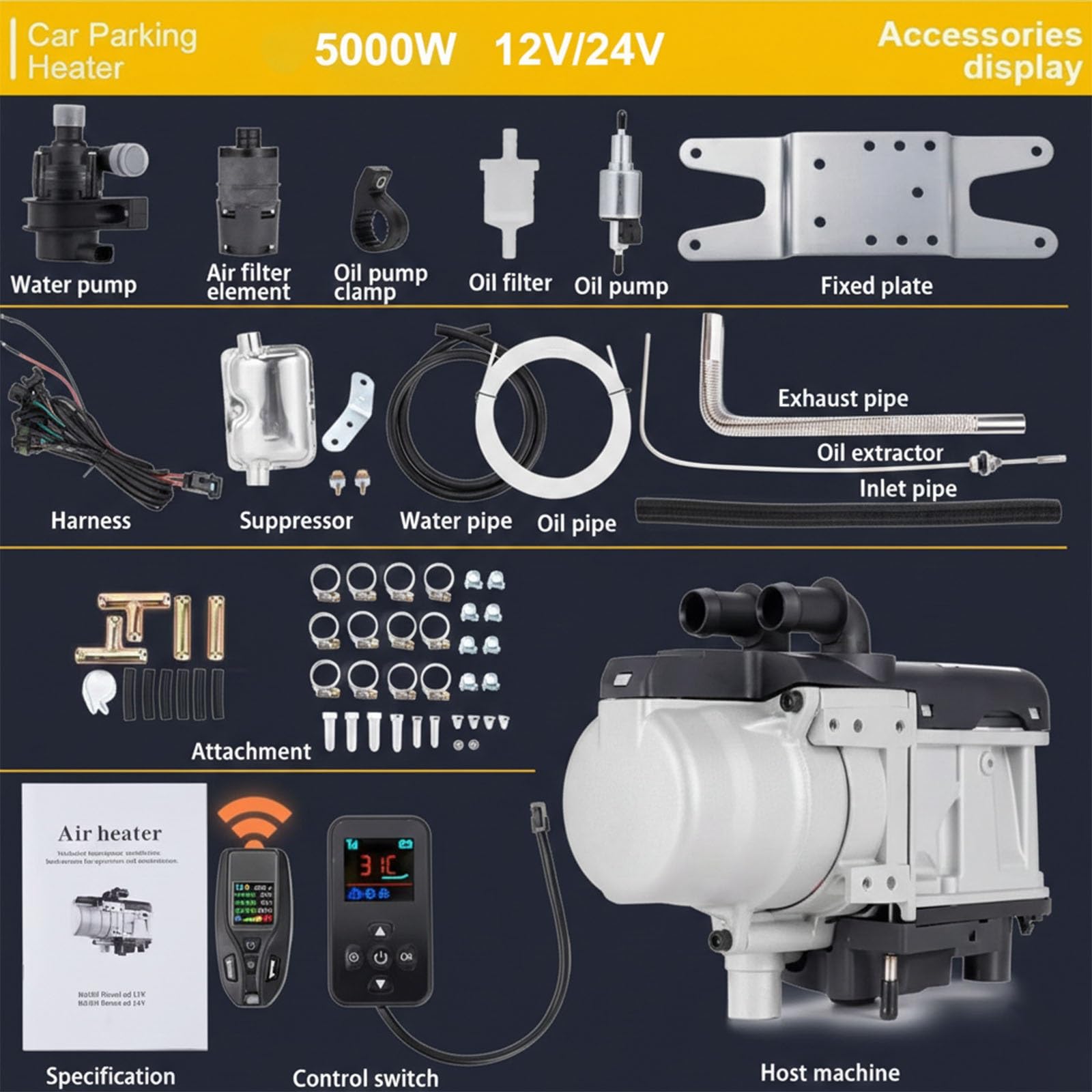 5KW Riscaldatore Diesel a Liquido 12V 24V, Sistema Preriscaldamento Motore con Telecomando LCD, Riscaldamento Idronico Universale per Veicoli e Imbarcazioni(12V)