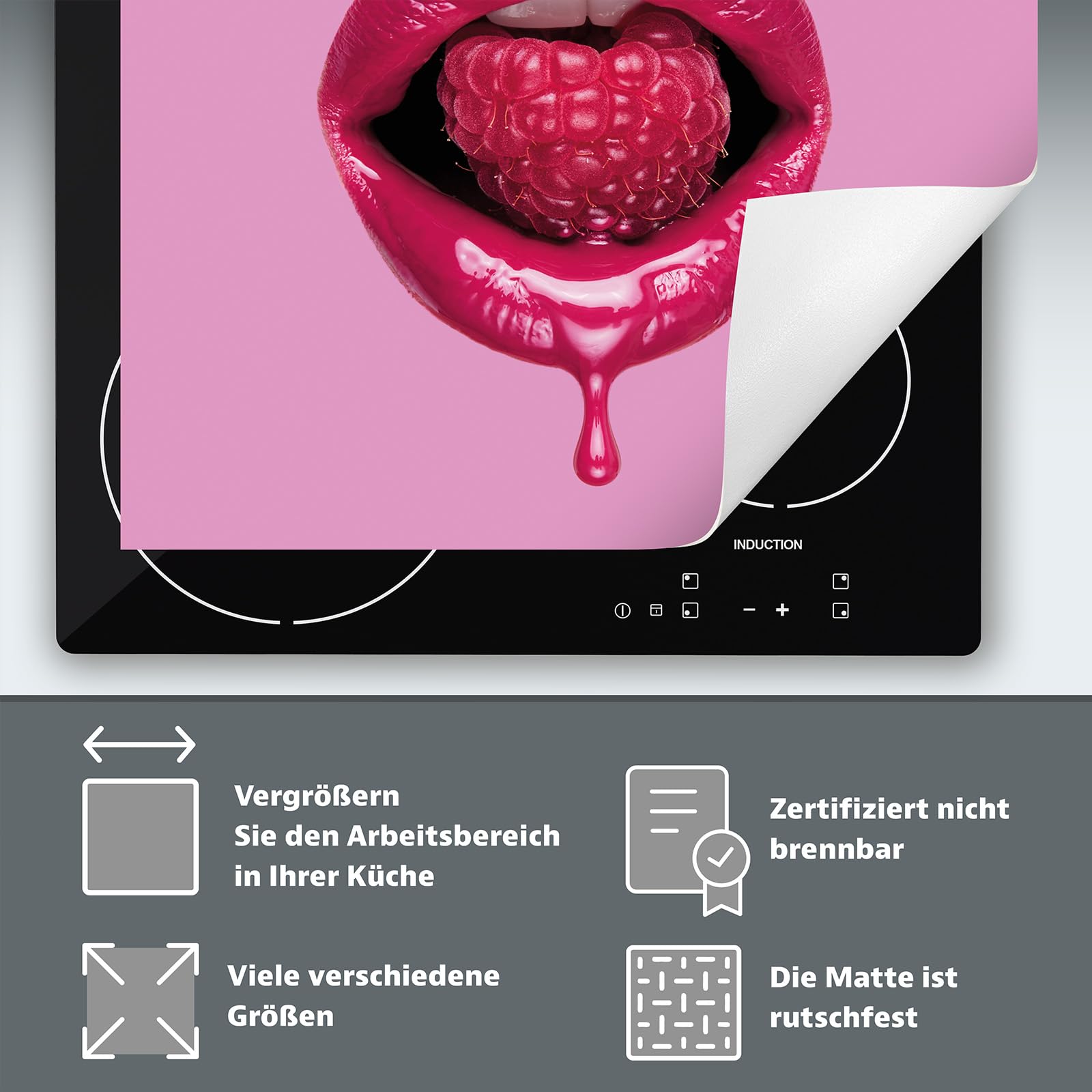 TMK ArtDeko Inductie Beschermer 80x52 cm Keuken Decoratie Kookplaat Beschermer voor Inductiekookplaat Afdekplaat Anti Slip Mat - Roze mond