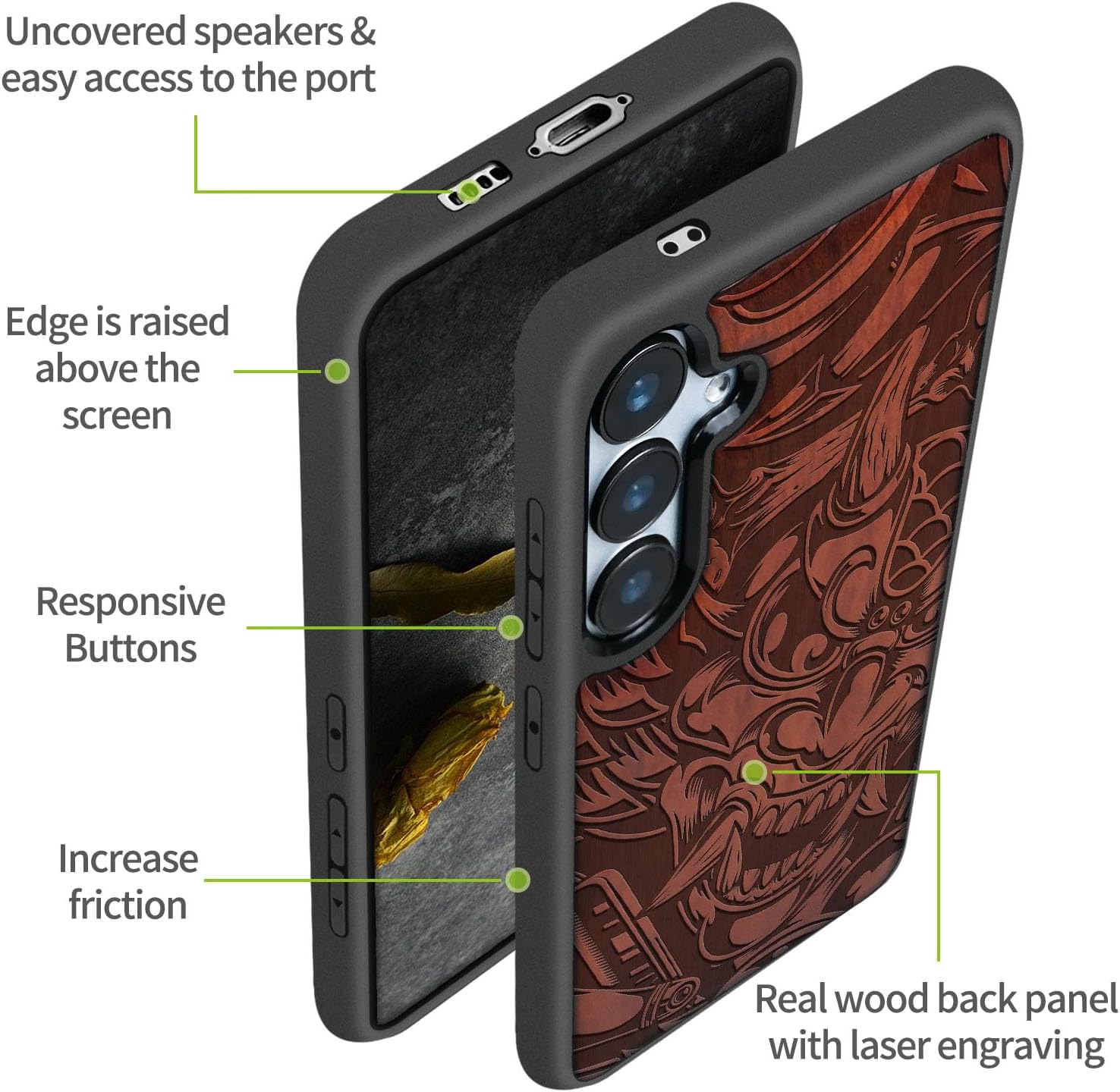 Carveit Wood Case for Galaxy S24 Case [Natural Wood & Black Soft TPU] Shockproof Protective Cover Unique Wooden Design Compatible with Samsung S24 (Devil's Fury-Rosy)