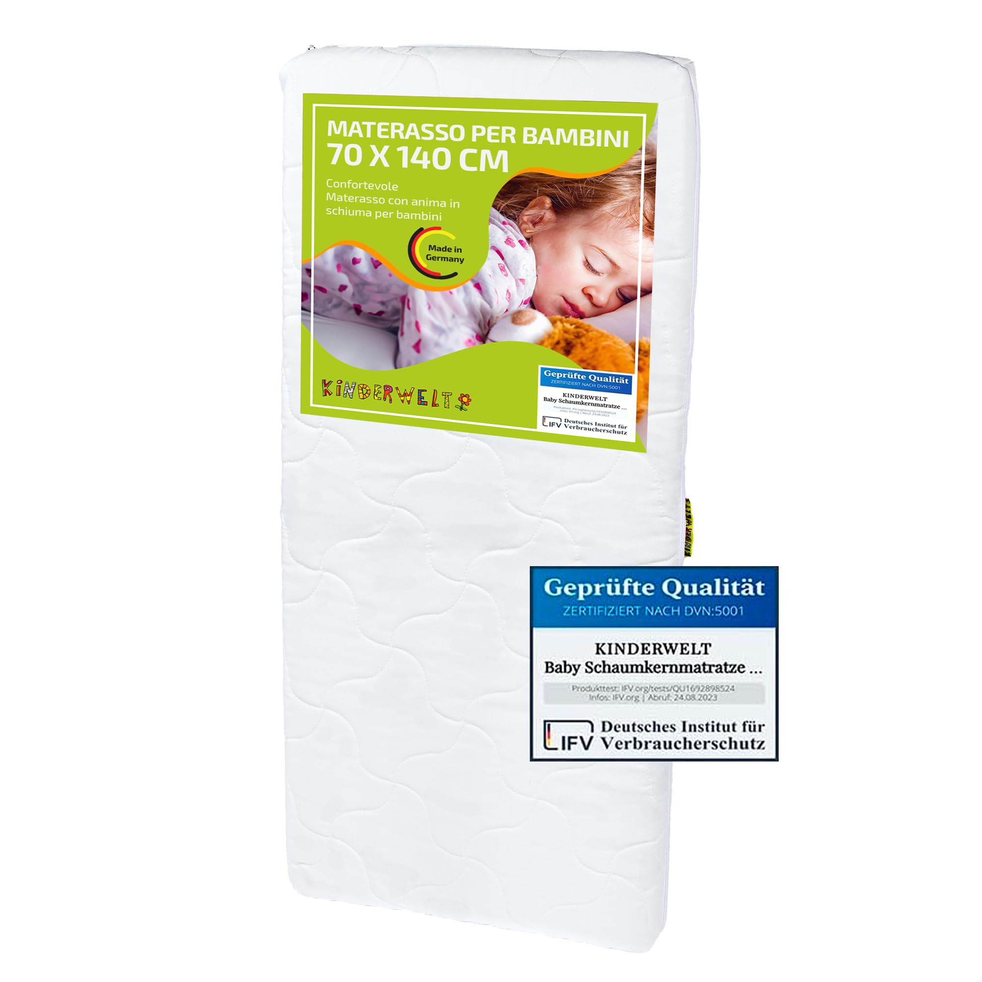 Kinderwelt Materasso in Schiuma Neonato Comfort Trapuntato Materasso per Neonato Materasso 70 x 140 Bianco Spugna