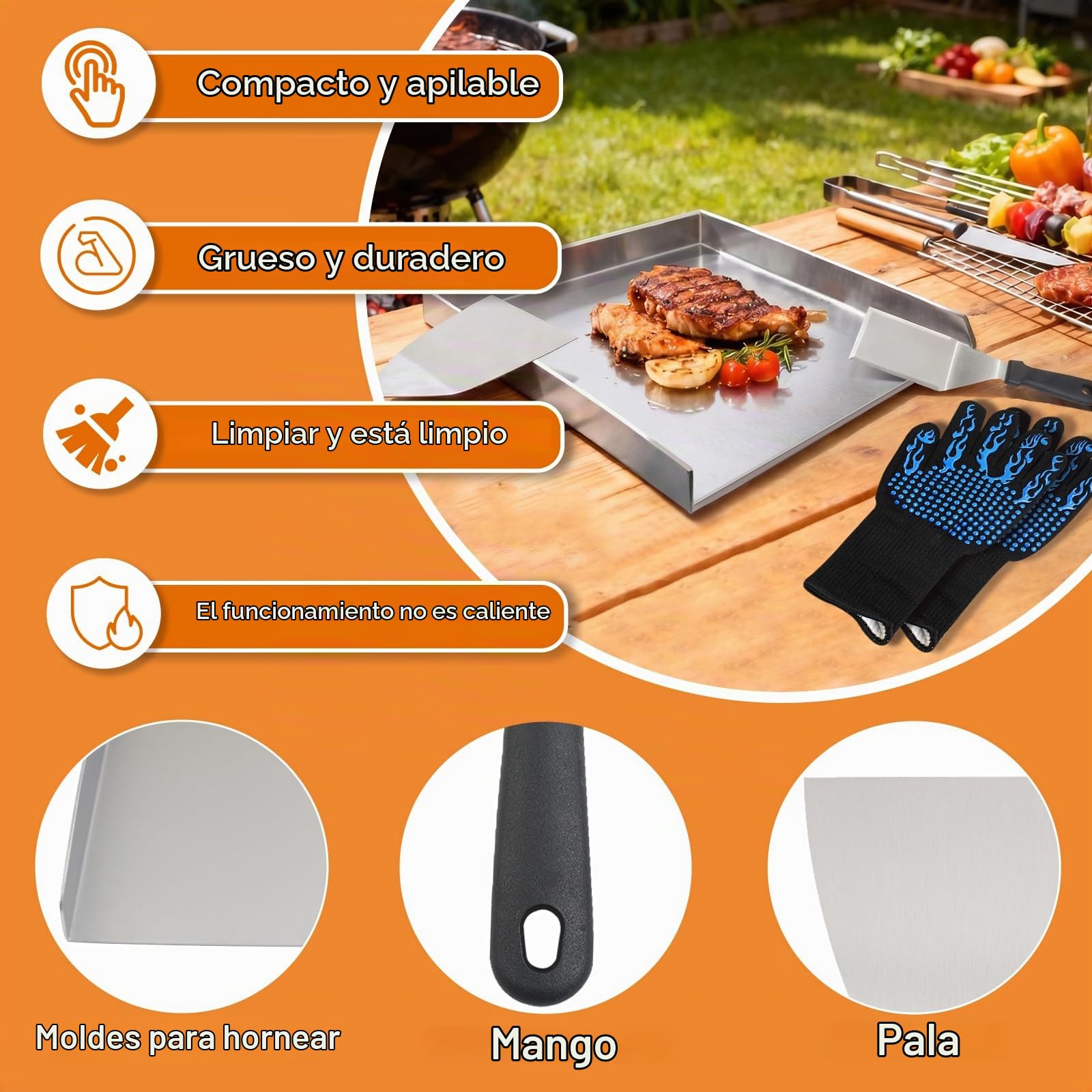 40 x 30 cm, plancha de acero inoxidable, plancha de 2 mm de grosor, con 2 espátulas de parrilla y guantes de protección de alta temperatura, juego de plancha para barbacoa de gas y carbón