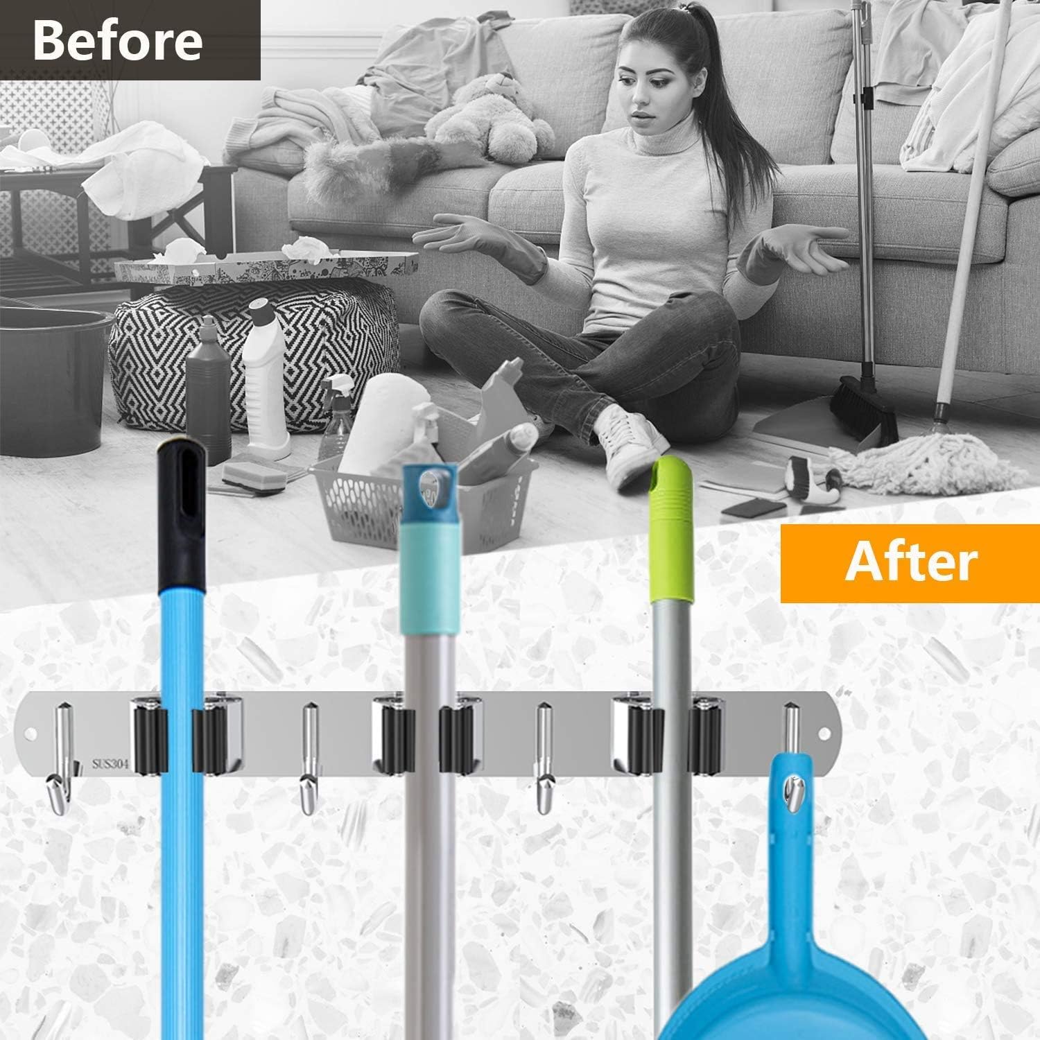 2 Pack Mop Broom Holder Wall Mount Organizer Storage, Easy Install Screws or Self Adhesive Stainless Steel Tools Hanger for Kitchen Bathroom Office Garden with 3 Racks 4 Hooks (Black)
