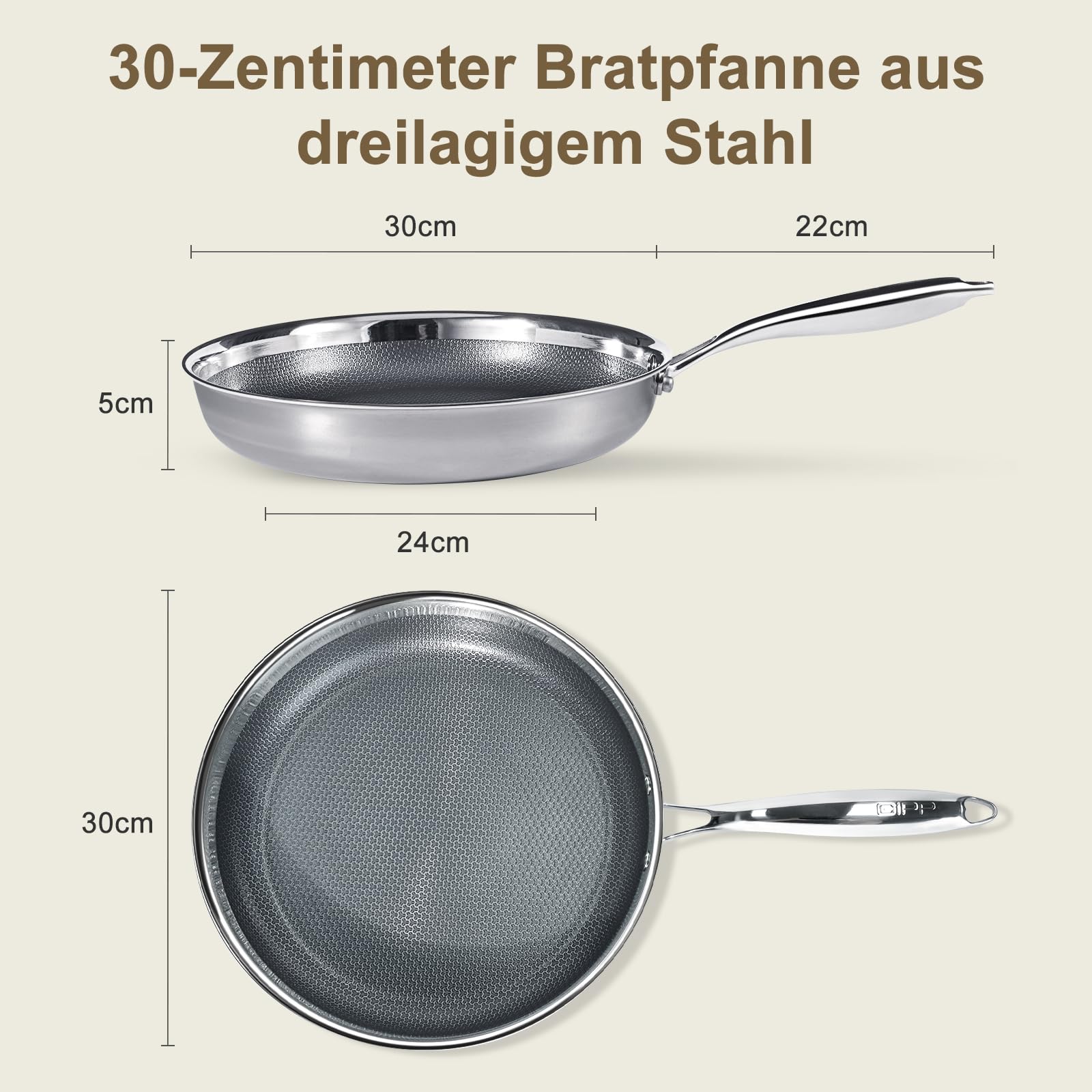 GiPP Antihaft Edelstahl Bratpfanne, Dreischicht Edelstahlpfanne,Waben Anti-Haftbeschichtung,Profi-Kochgeschirr zum Anbraten für Alle Herdarten Geeignet(30CM mit Deckel)