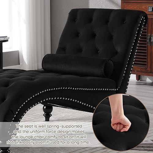 Miniatura 7 de Tumbona de terciopelo negro para interiores con almohada abatible, moderna tumbona rosa, sillas tapizadas de terciopelo sin brazos con botones