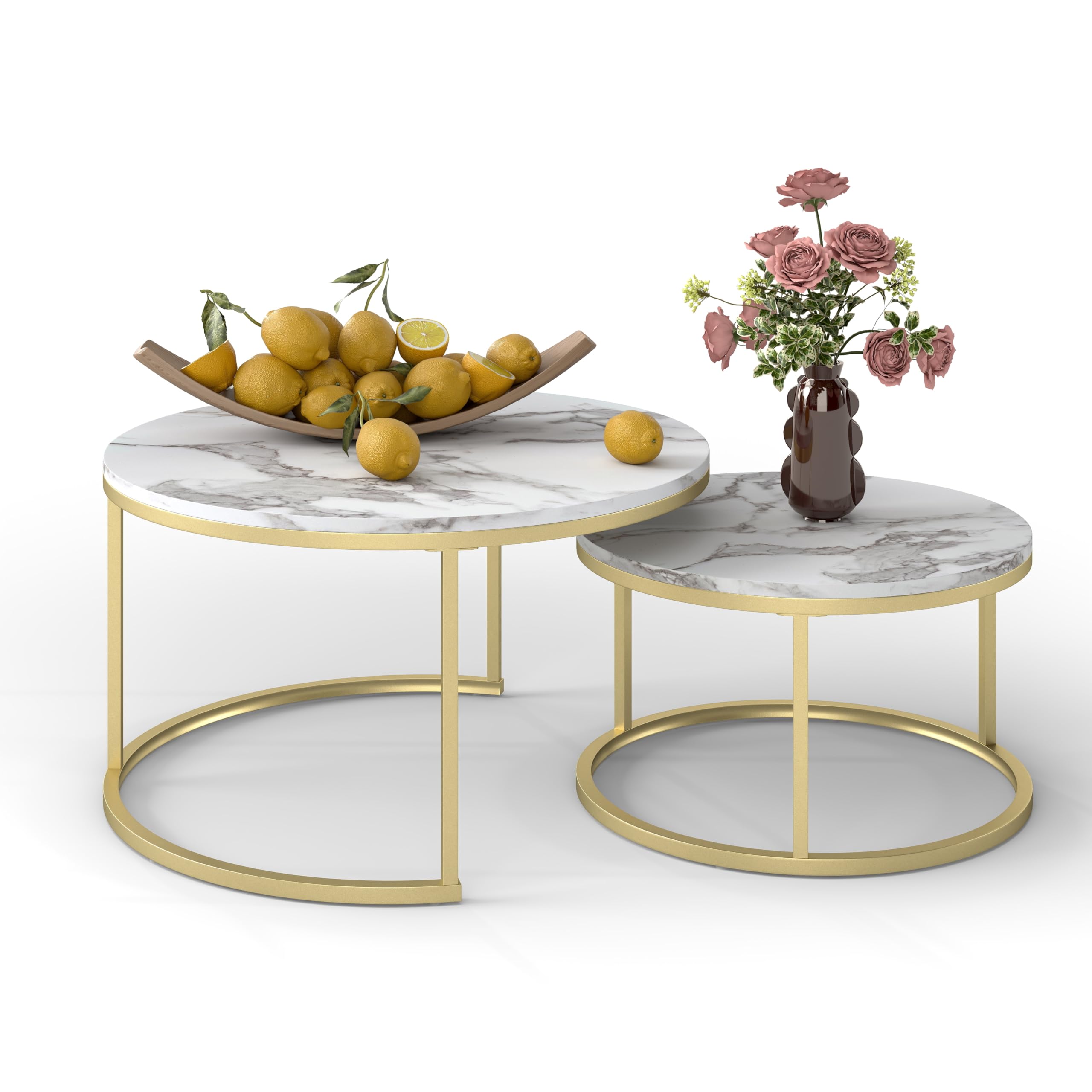 hitsuki Juego de 2 Mesas de Café de Mármol, 80 cm Mesa de Salón Moderna Blanca de Estructura de Metal, Mesas Nido de Salón Redondas Dorado y Blanca, 80D x 80W x 45H cm