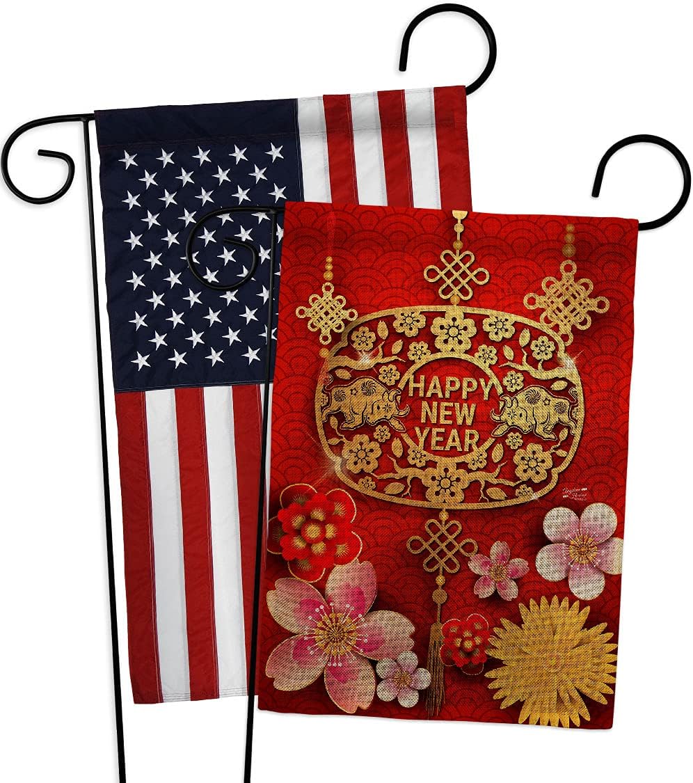 Chinese Ox Year Burlap Garden Flag Pack Winter Lunar New Good Luck Prosperous Seasonal Arrival Blessing Applique House Decoration Banner Small Yard Gift Double-Sided, Made in USA