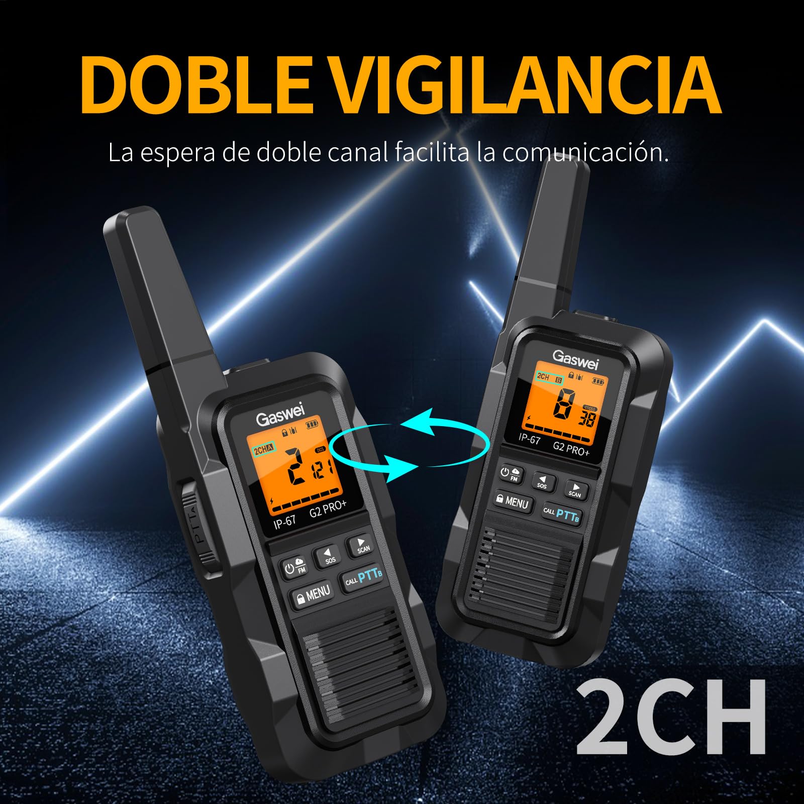 Gaswei G2Pro Walkie-talkies Profesionales para Adultos [IP67 Resistentes al Agua y flotantes] Radio de Largo Alcance con Doble PTT, Alarma SOS, Radio FM (2 Unidades - Negro) — view 8