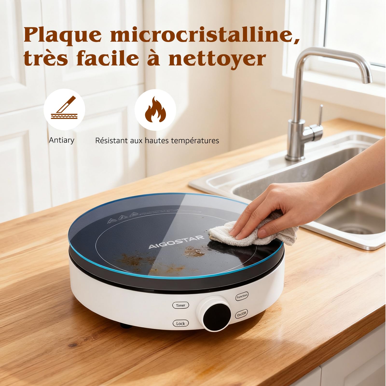 Aigostar Cookmate - Plaque à induction portable de 2000W. Design rond exclusif , 9 niveaux de puissance, minuterie avec arrêt. Convient aux récipients compatibles avec l’induction de 12-26 cm.