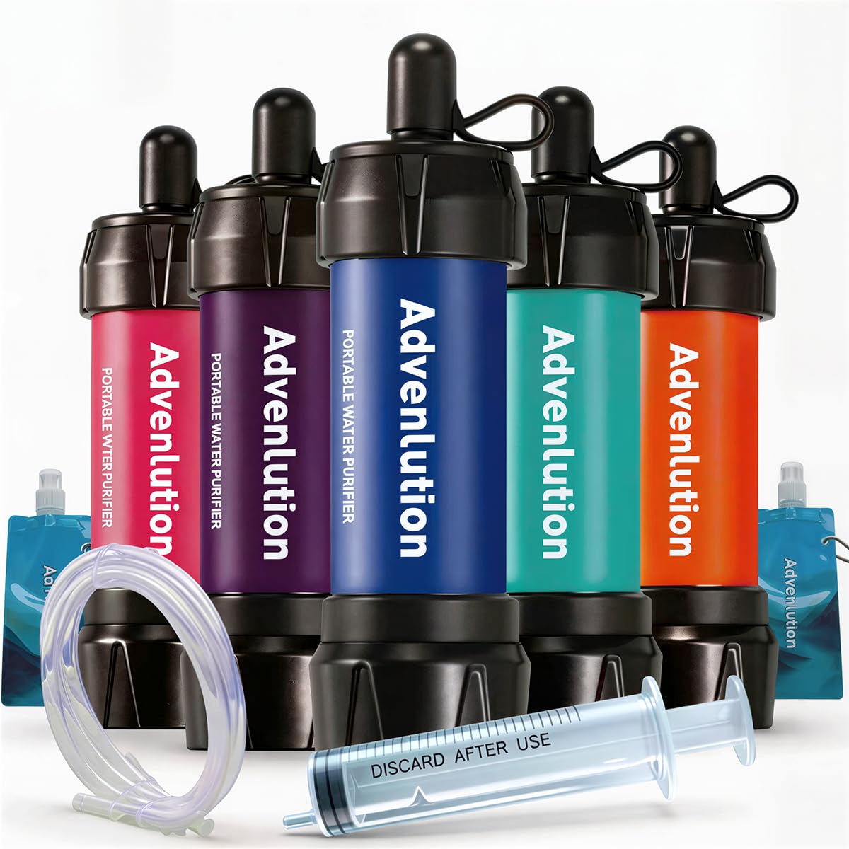 Water Filter Straw 5-Pack 0.01 Micron Personal Survival Filtration for Camping Hiking Backpacking Travel Emergency, Ideal for Groups, with Pouch Straw & Plunger, Fits UK Bottles by Advenlution