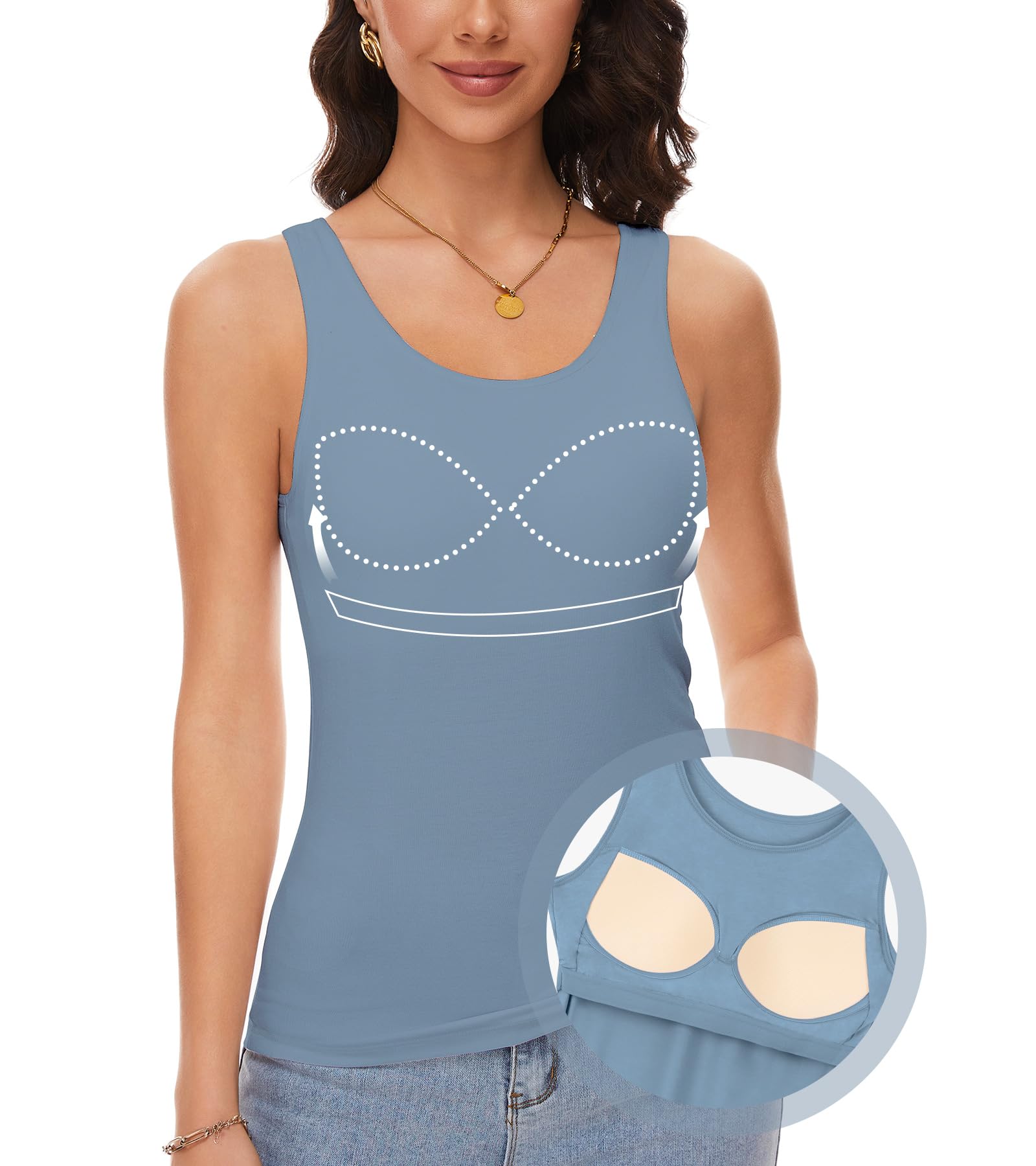 ANYFITTING Damen Unterhemd mit Integriertem BH Tank Top ärmellose Shirts Basic U-Ausschnitt Eingebauter BH Bügelloser Gepolstert Tank Tops Sommer Yoga S-3XL