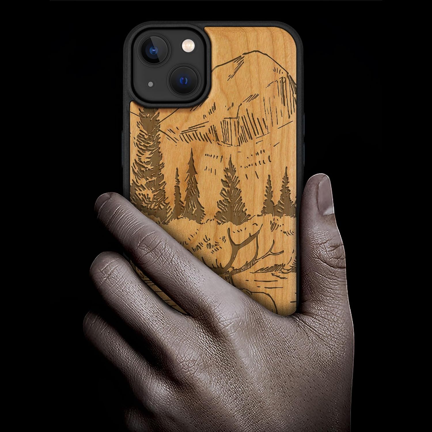 Carveit Magnetic Wooden Case for iPhone 15 Plus Case, Compatible with MagSafe Wireless Chargers, Black Soft TPU Shockproof Cover & Wood Artisan Engraved (Mountains and Deer - Cherry)