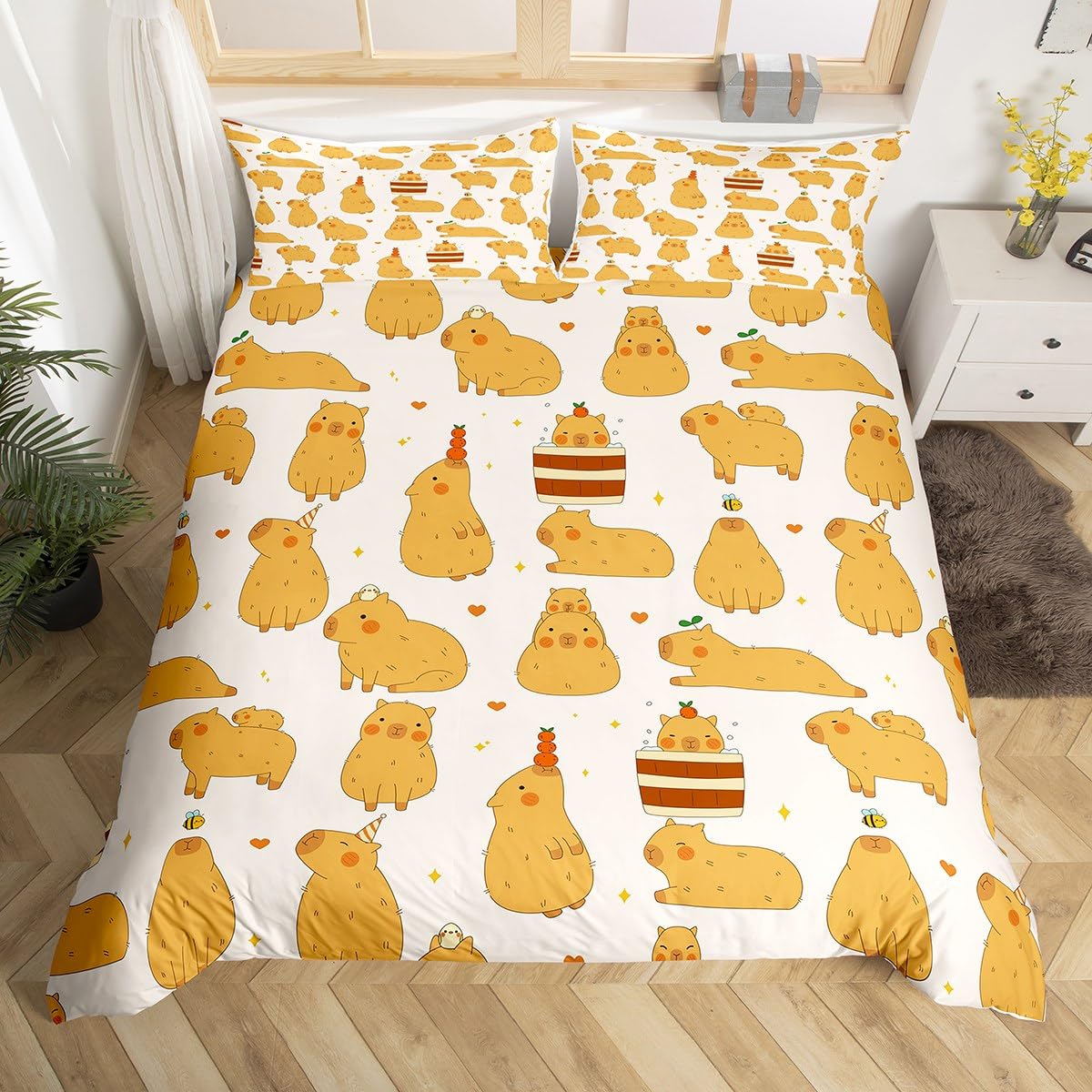 Kinder Kawaii Capybara Bettwäsche Set 135x200 Cartoon Capybara Bettbezug für Jungen Mädchen Nette Tiersterne Liebe Herz Tröster Abdeckung Capybaras Liebhaber Bett Set Tier Zimmer Dekor Reißverschluss