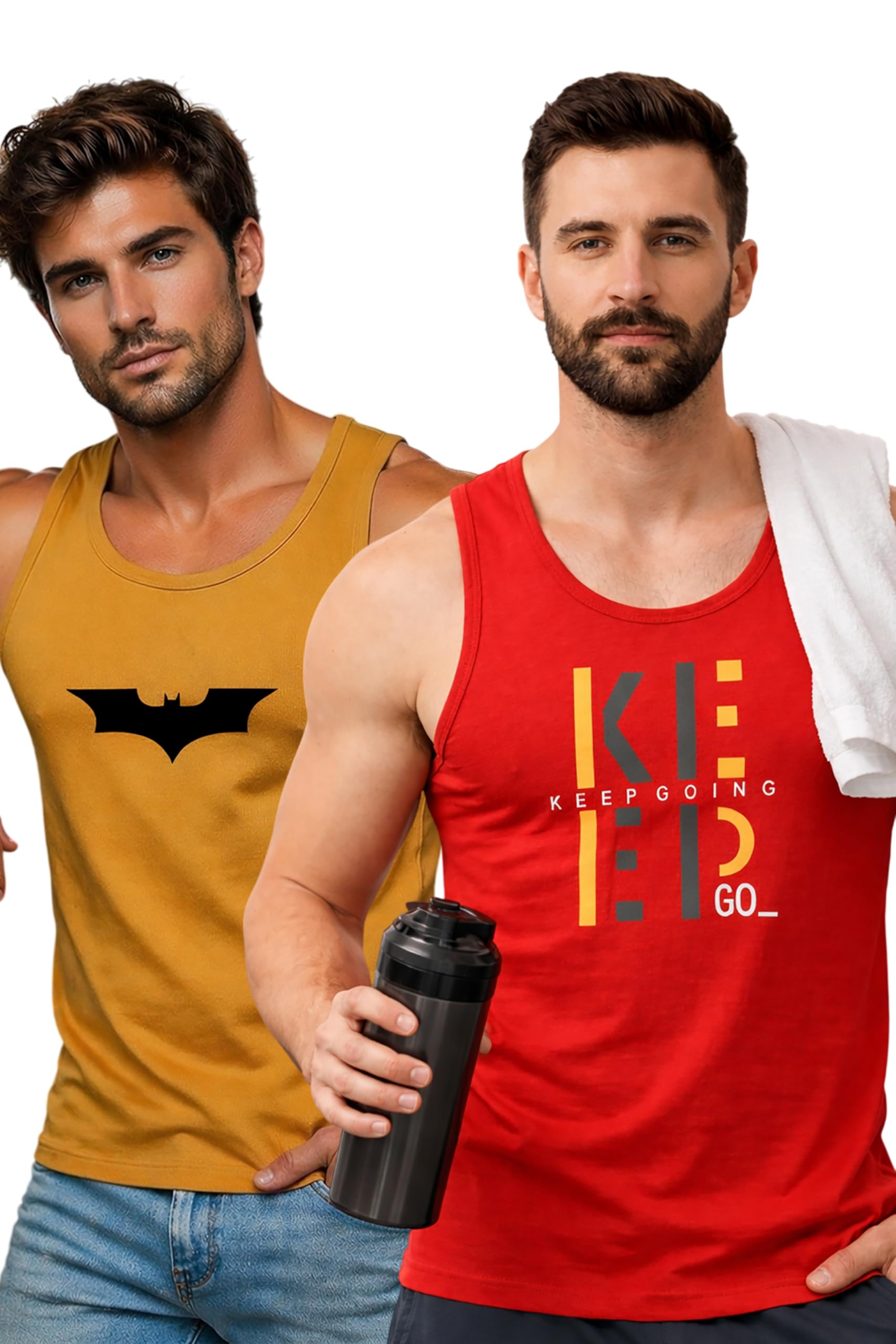 Polyester Letter Printed Vest for Men - Pack of 2 - Red & Mustard | Round Neck | Sleeveless | Regular Fit | Summer & Gym Wear Tank Top for Men-image-41