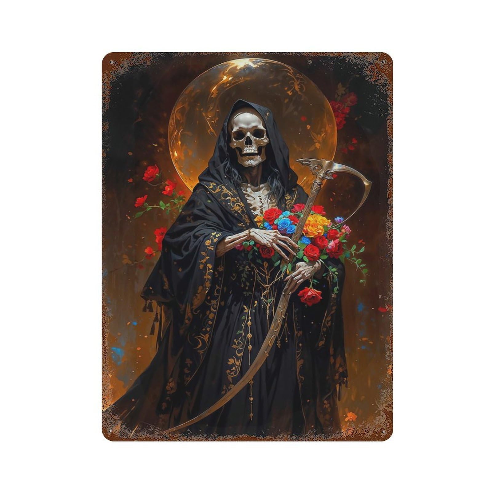 Death, Santa Muerte with Roses Rusty Metal Tin Sign 15.7"x11.8", Classic Wall Plaque for Pub, Kitchen And Man Cave Decor