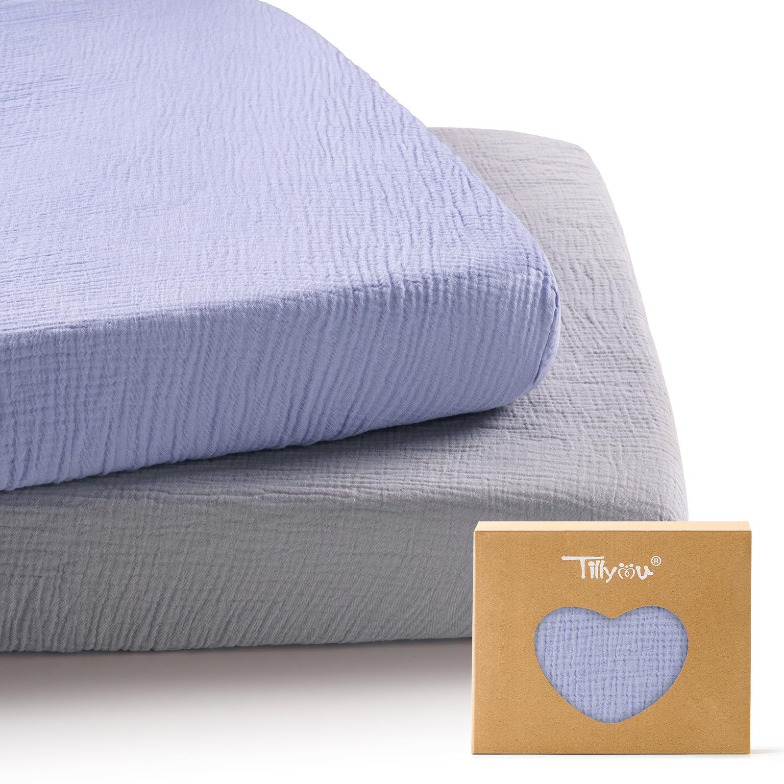 TILLYOU Muslin Mini Crib Sheets 2 Pack, Pack and Play Mattress Sheets Fitted for Pack N Play, 38 x 26 Sheet for Toddler, Grey and Blue