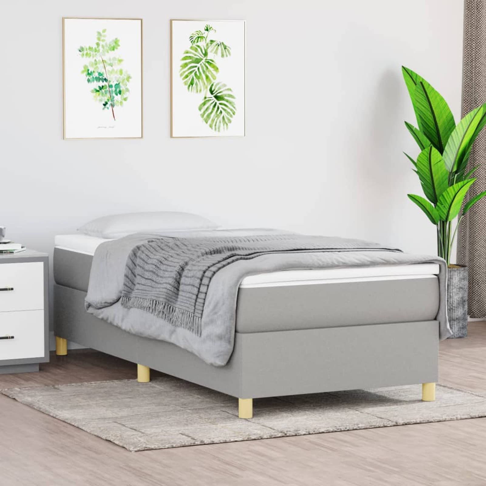 DJEKA Boxspringbett 100x200 Stoff Polsterbett 100x200 mit lattenrost Palettenbett 100x200 Bettgestell 100x200 Bettrahmen 100x200 Doppelbett Jugendbett-Hellgrau-100 x 200 cm-35 cm