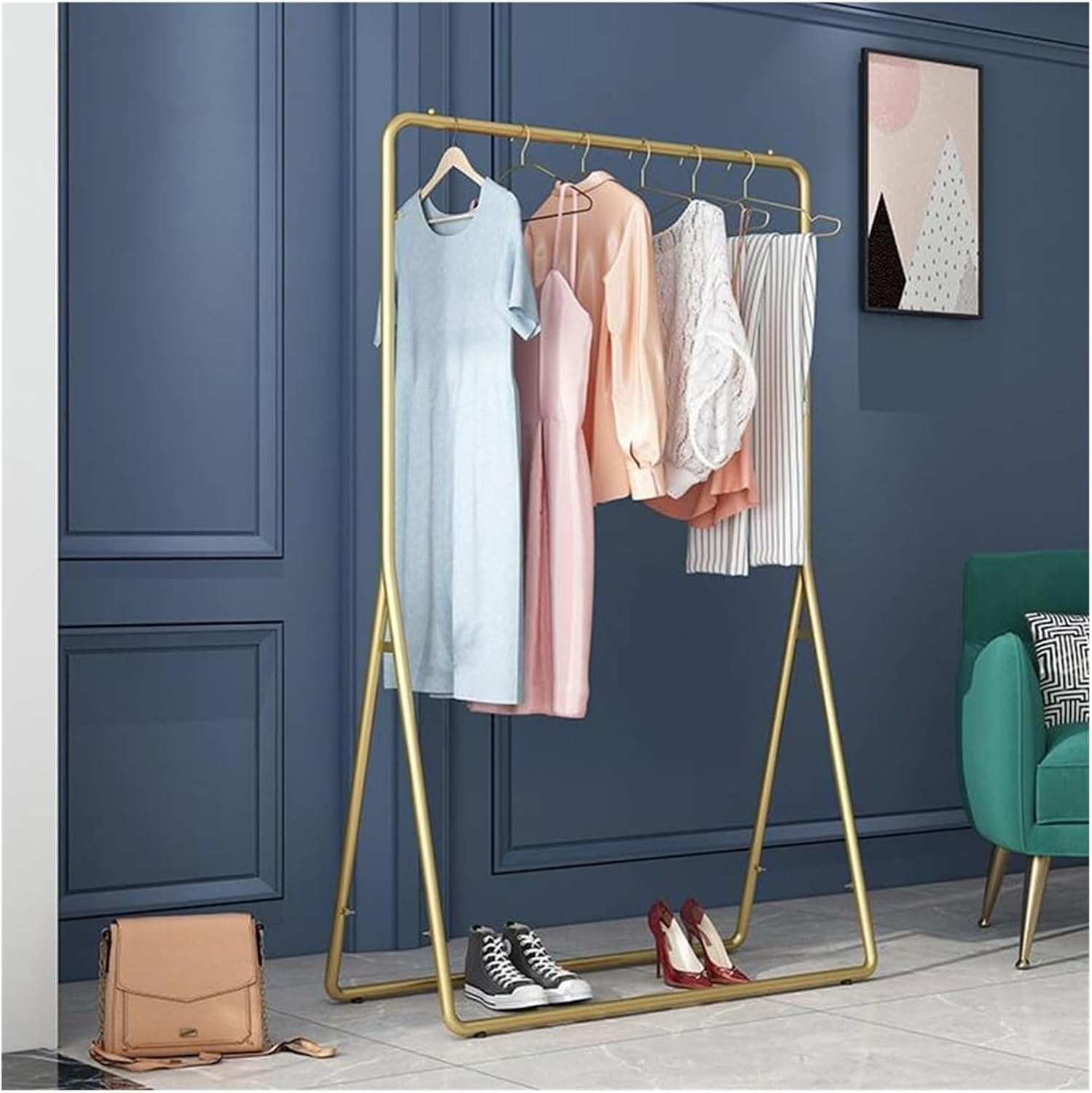 Floor-Standing Solid Wood Rotating Coat Rack，Heavy Duty Gold Clothes Rail - Durable Garment Rack for Retail Boutique Display, Perfect for Long Dresses & Wedding Gowns - Premium Clothing Rack