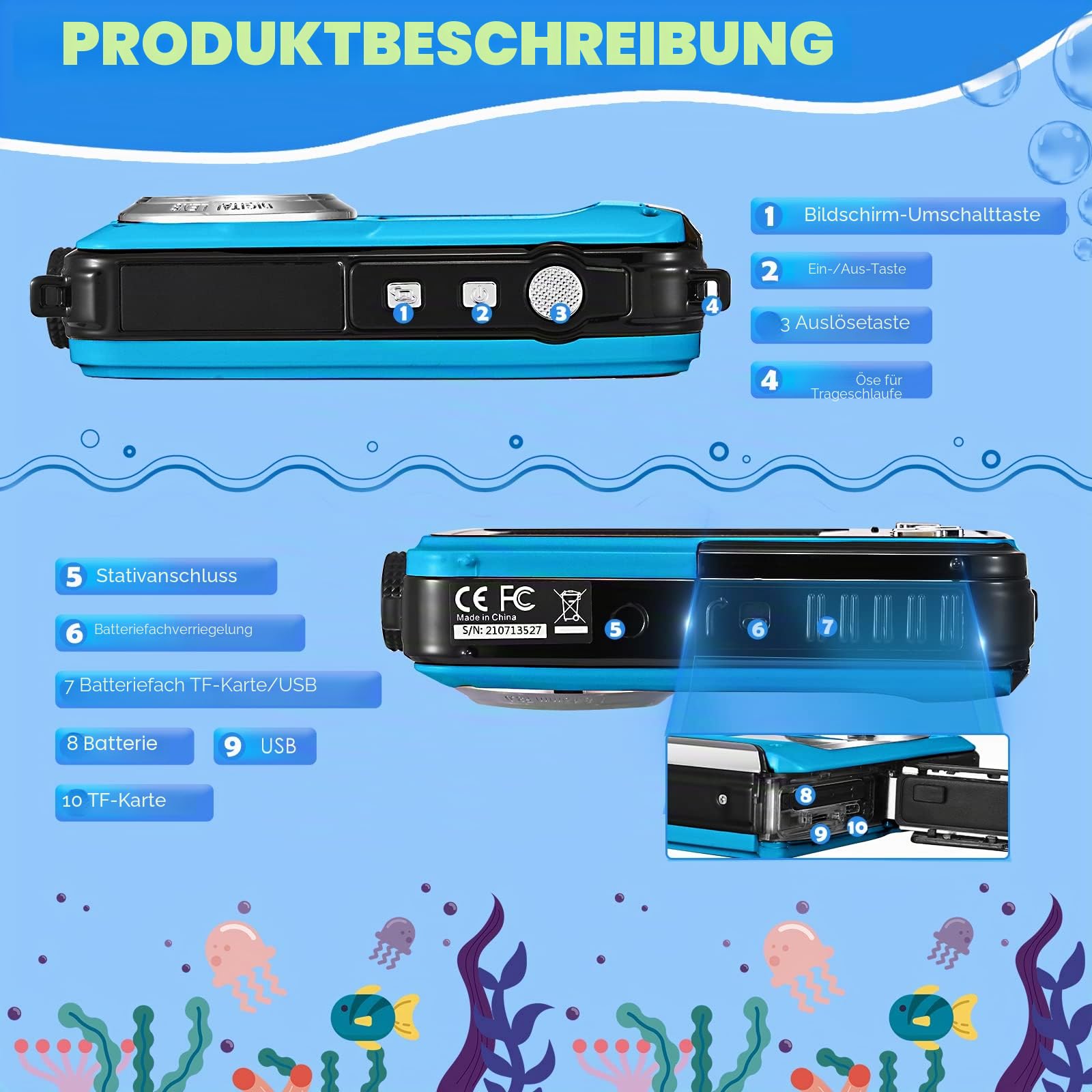 Unterwasserkamera, wasserdicht, Full HD 2,7 K, 24 MP, Digitalzoom, 16-fache Kamera, mit Doppelbildschirm, für Jugendliche, Schüler, Anfänger, Blau