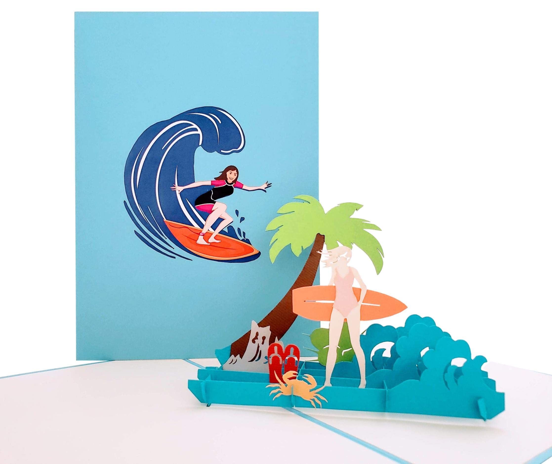 iGifts And Cards Surfing Girl 3D Pop-Up Card – Ocean Adventure 4.75"x6.75" | Tropical Wave Scene, Beach Theme, Graduation, Retirement, Birthday
