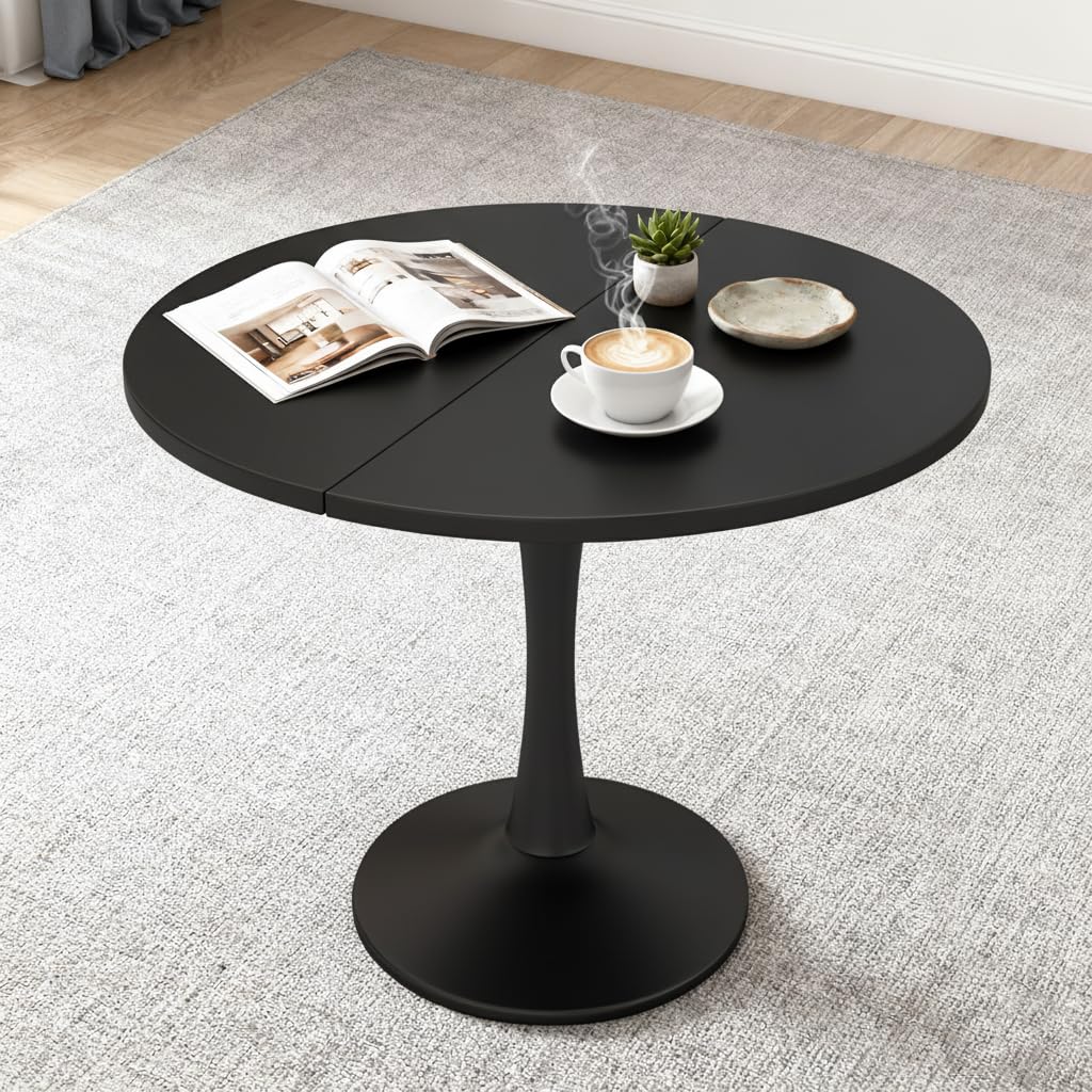 Tavolo da pranzo allungabile, rotondo, per 4-6 persone, tavolo da pranzo, pieghevole, per soggiorno, tempo libero, stile semplice, nero, 100/140 x 100 x 75 cm