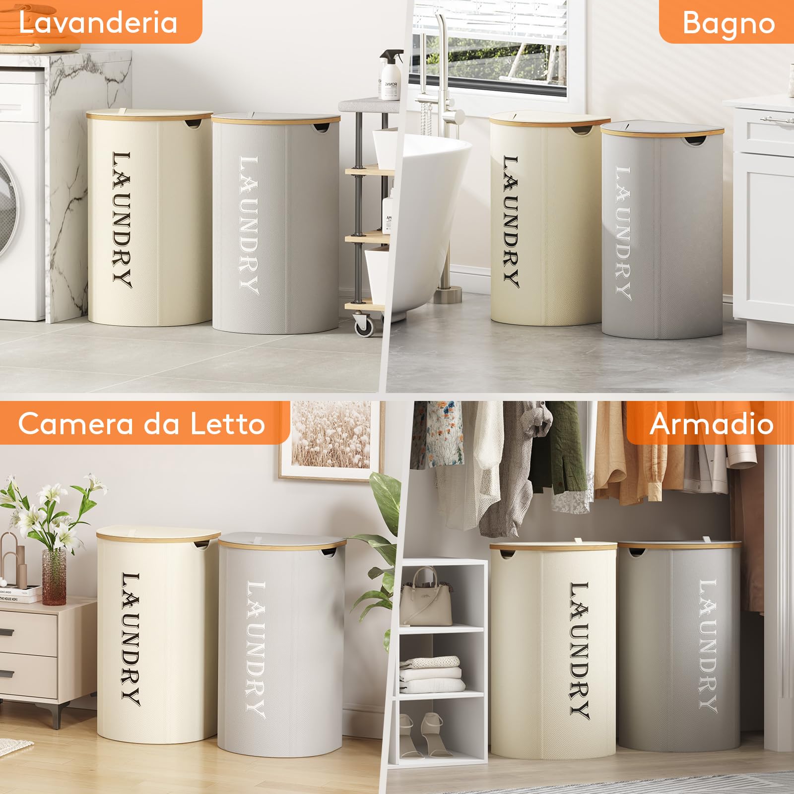 Lifewit Set di 2 cesti portabiancheria da 170 litri con coperchio, 2 scomparti e 2 sacchetti portabiancheria rimovibili, pieghevoli per lavanderia, camera da letto, bianco e grigio argento