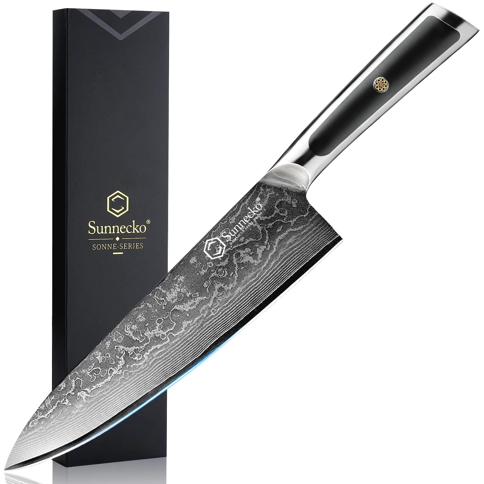 Sunnecko Damastmesser 20cm Kochmesser Küchenmesser - Scharf Messer aus Damaststahl, Damast Küchenmesser mit Ergonomischer Griff, Fleischmesser für Küche, vatertagsgeschenk，Geschenk zum Muttertag