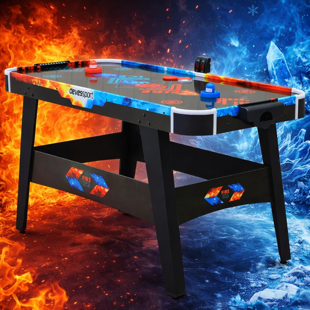 DEVESSPORT Air Hockey Fuego vs Hielo Incluye Dos Lanzadores Leds y Un Disco Led y Niveladores en Cada Pata | Mesa de Hockey con Luces LED Rojo y Azul, Marcador Electrónico y Baterías USB
