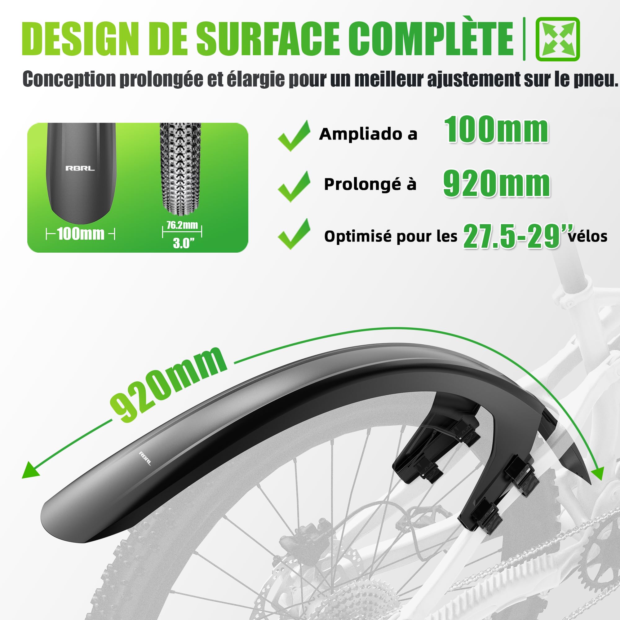 RBRL Garde-Boue VTT et Vélo Électrique, Protection Complète, Compatible Roues 27,5" / 29" Jusqu’à 3,0", Garde-Boue Anti-Projections Boue et Eau, Installation Stable sans Outil