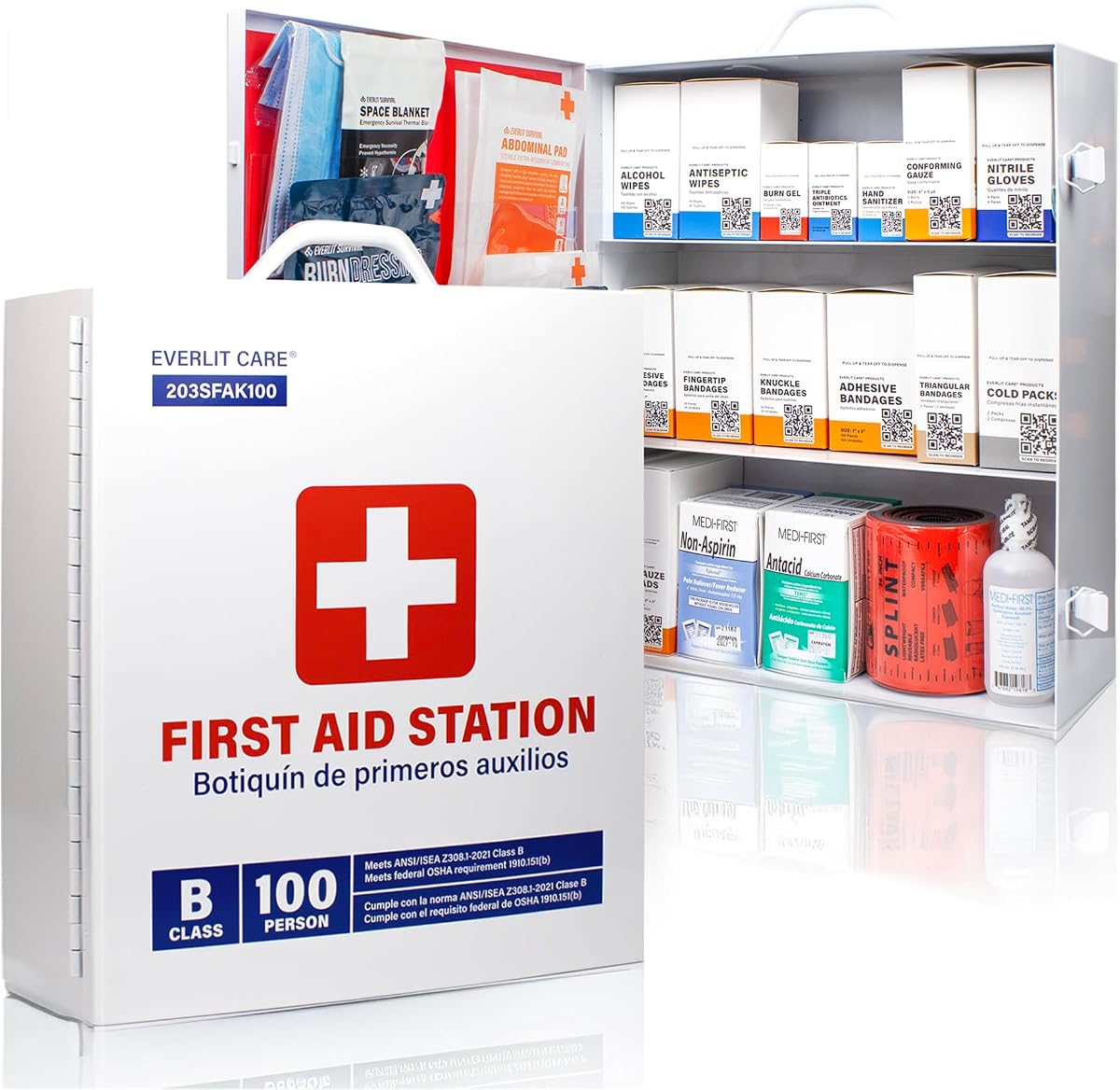 EVERLIT CARE 3-Shelf OSHA-Compliant First Aid Kit, ANSI Class B+ 100 Person Emergency First Aid Cabinet for Business, Job Site, Industrial Manufacturing Facility, Restaurant, and Kitchen