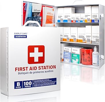 EVERLIT CARE 3-Shelf OSHA-Compliant First Aid Kit, ANSI Class B+ 100 Person Emergency First Aid Cabinet for Buiness, Job Site, Industrial Manufacturing Facility, Restaurant, and Kitchen