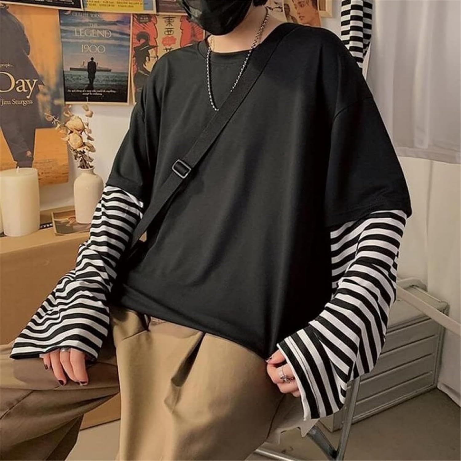 Harajuku Oversized Striped Shirts Y2K Grunge Clothes Crew Neck Emo Scene Clothes Streetwear Baggy Shirt Pullover - Image 4