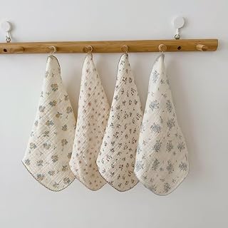 BuLuTu Cotton Cleaning Cloths Floral Print Towels Set - Pack of 4, 12"x12" | Double-Layer Muslin | Chic Shabby Style | Soft | Absorbent | No Shrink | Kitchen Towels | Wipe Dishcloths | Cleaning Rags