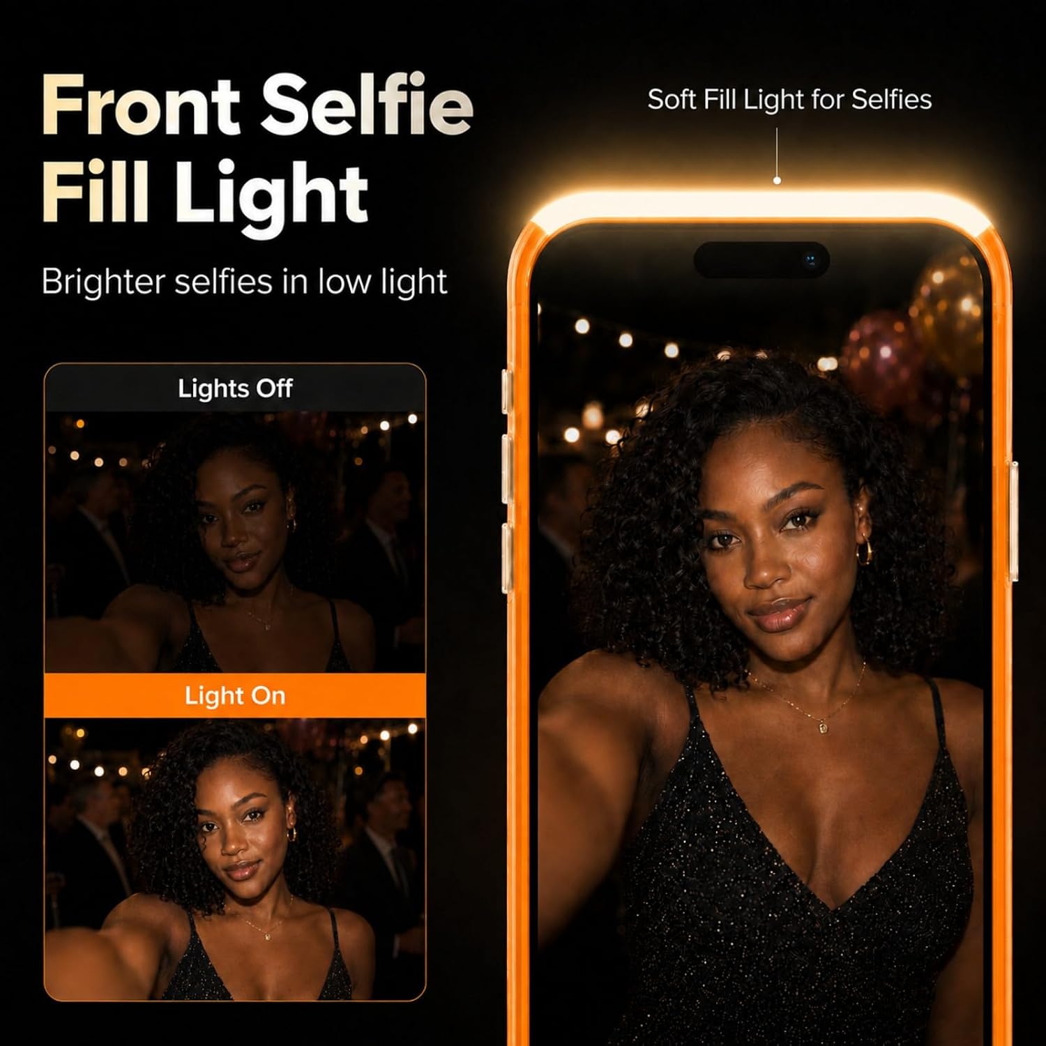 for iPhone 15 Pro Case with Selfie Light, 3 Color Modes, Compatible with MagSafe, Brightness Control, Memory Setting, USB-C Light Charging, Cable Included Orange image 3