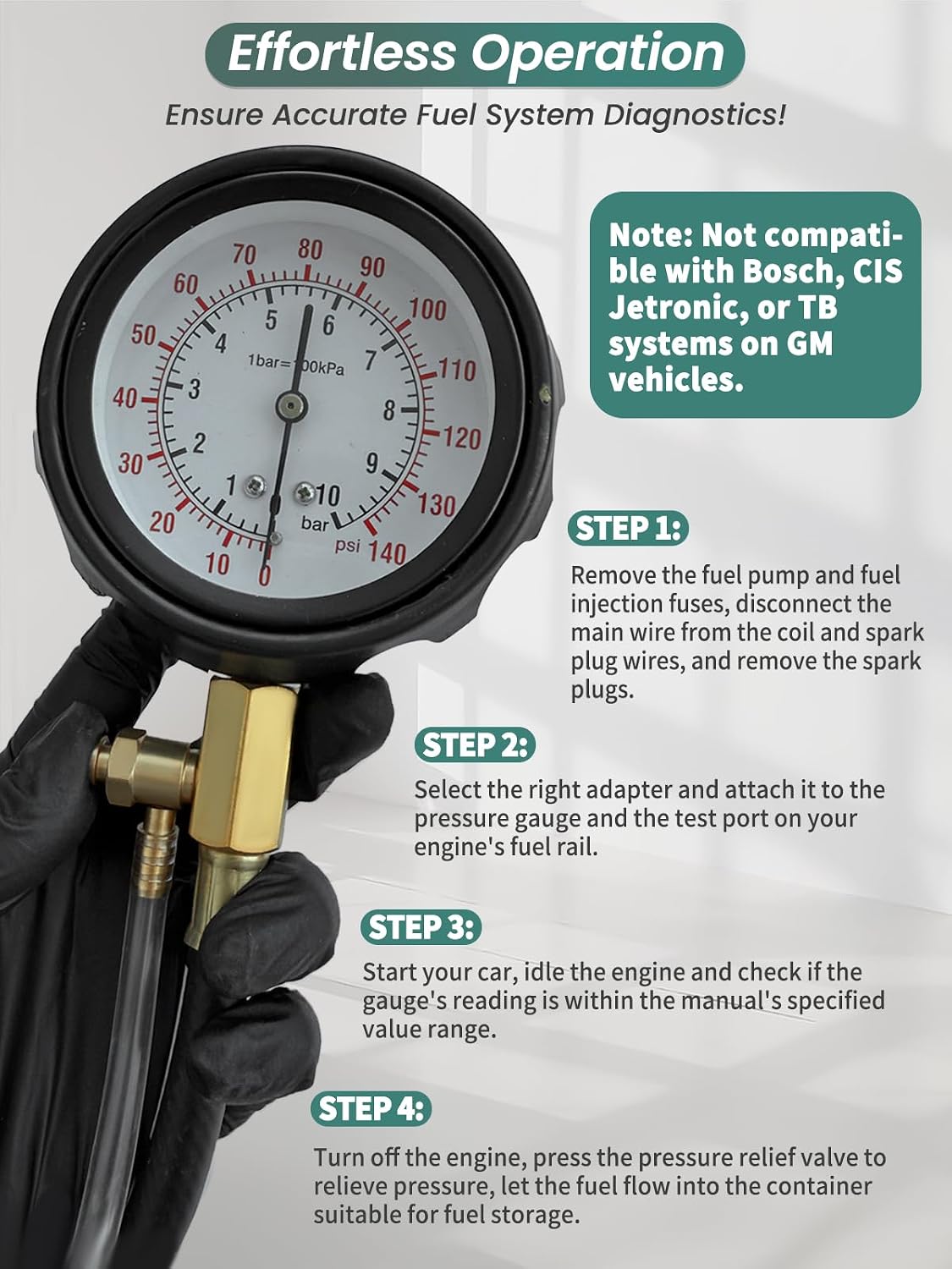 Fuel Pressure Tester Kit 0-140 PSI Fuel Injector Injection Pump Pressure Tester Gauge for Gasoline Cars