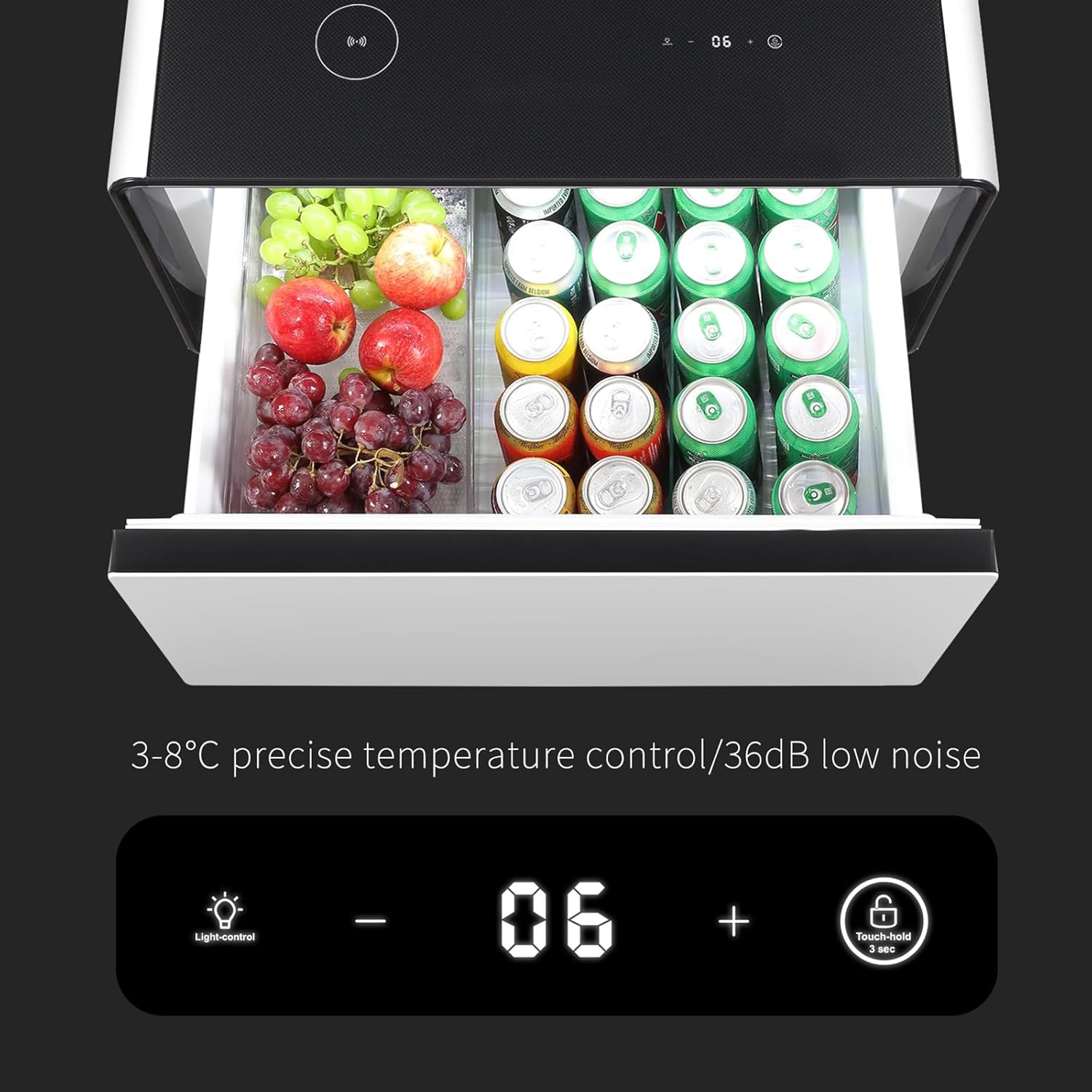 Smart Side Table with Fridge, Smart Nightstand with Refrigerator, Induction Light, Temperature Control, Wireless Charging, Power Socket, USB Ports, Outlet Protection (White, LT65 Pro)