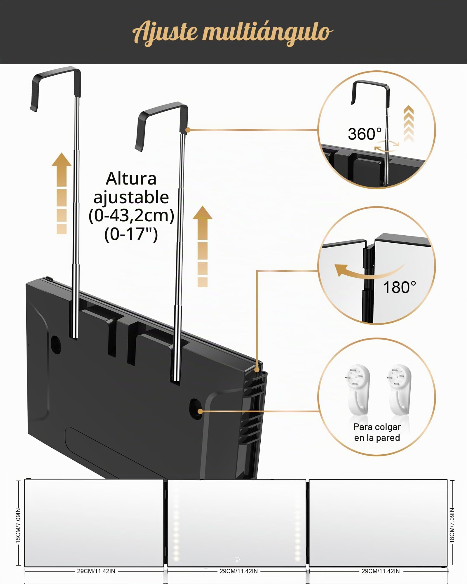 JUSRON Espejo Plegable Portátil de 360 Grados - 3 Piezas con Corte Automático, Altura Ajustable y Ganchos para Peluquería, Maquillaje y Afeitado