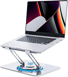 Adjustable Laptop Stand for Desk with 360° Rotating Base | Ergonomic & Foldable Laptop Riser Compatible with MacBook Pro/Air & Notebook upto 17 Inches | Stable Laptop Holder for Work | Silver